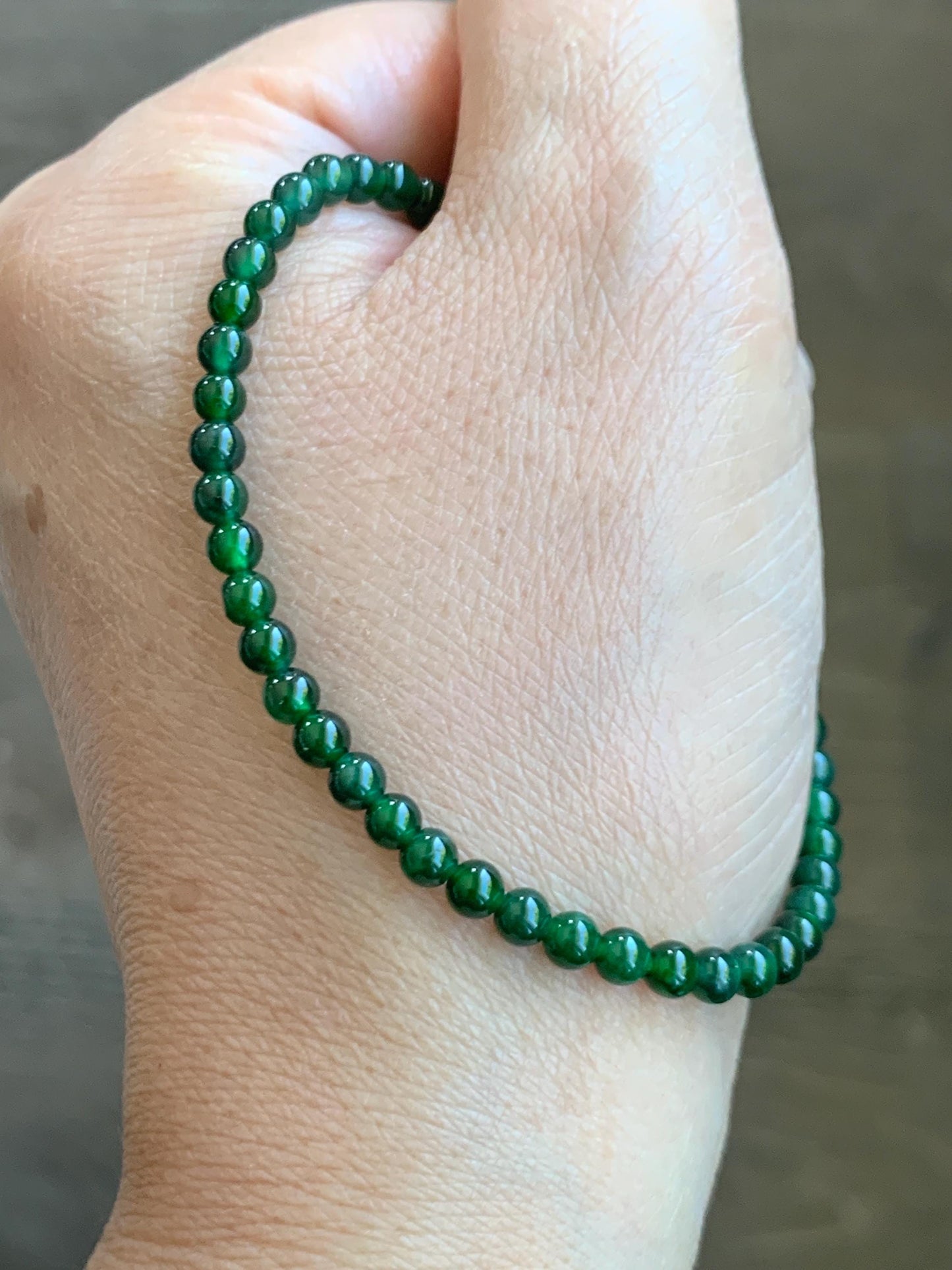 Natural Grade A Guatemalan Icy Translucent Vibrant Green Jade Jadeite Petite Beaded Bracelet 3.8mm 7” 14K Yellow Gold 天然冰危绿翡翠小圆珠手串 WXL107
