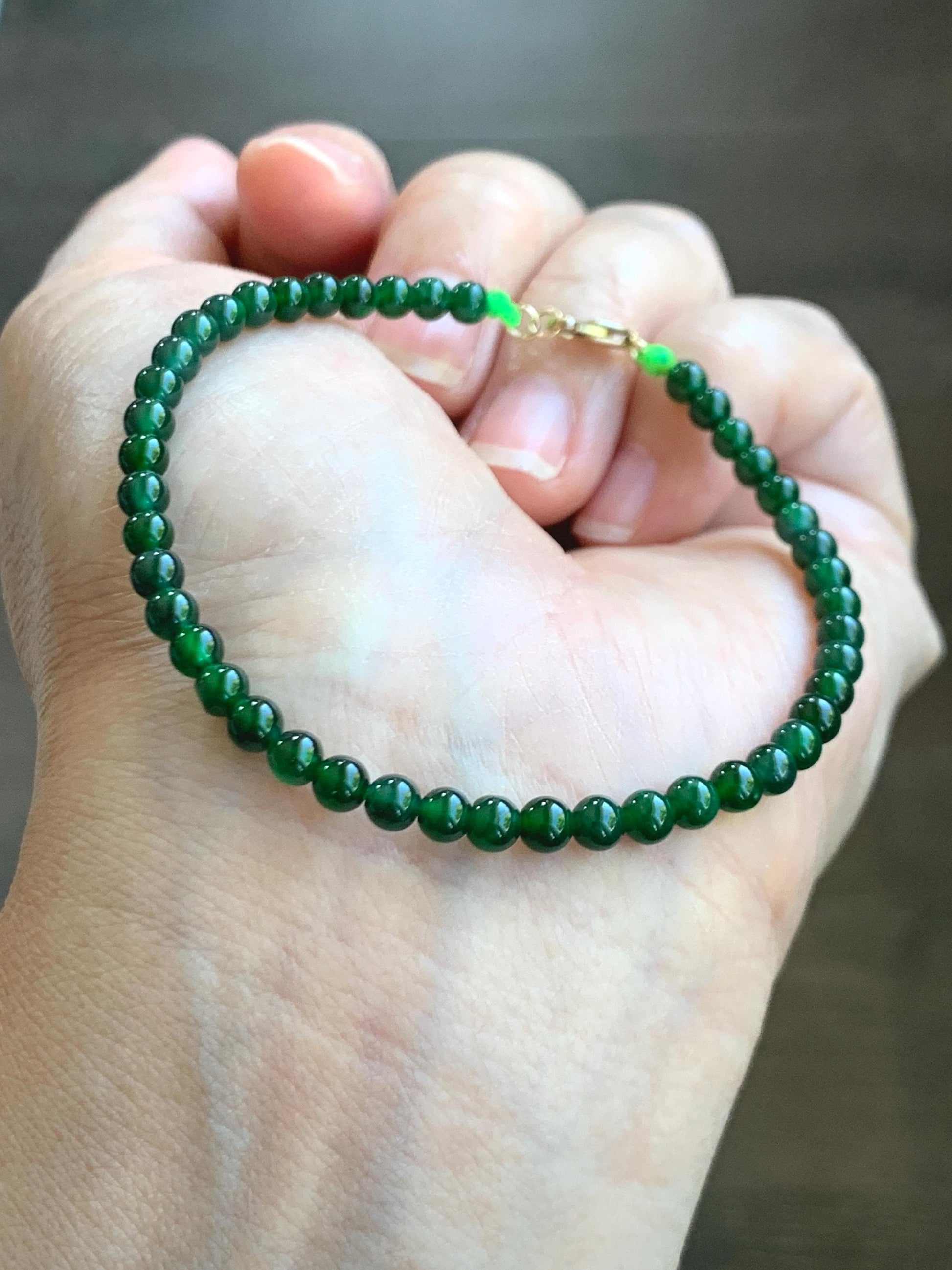 Natural Grade A Guatemalan Icy Translucent Vibrant Green Jade Jadeite Petite Beaded Bracelet 3.8mm 7” 14K Yellow Gold 天然冰危绿翡翠小圆珠手串 WXL107