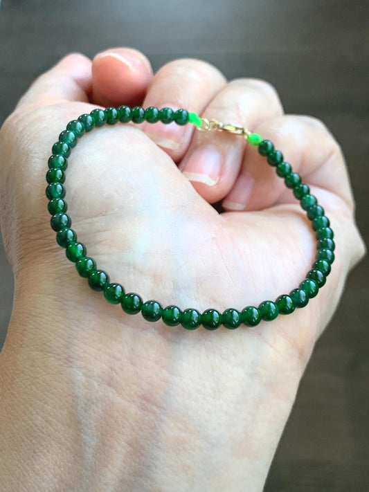 Natural Grade A Guatemalan Icy Translucent Vibrant Green Jade Jadeite Petite Beaded Bracelet 3.8mm 7” 14K Yellow Gold 天然冰危绿翡翠小圆珠手串 WXL107