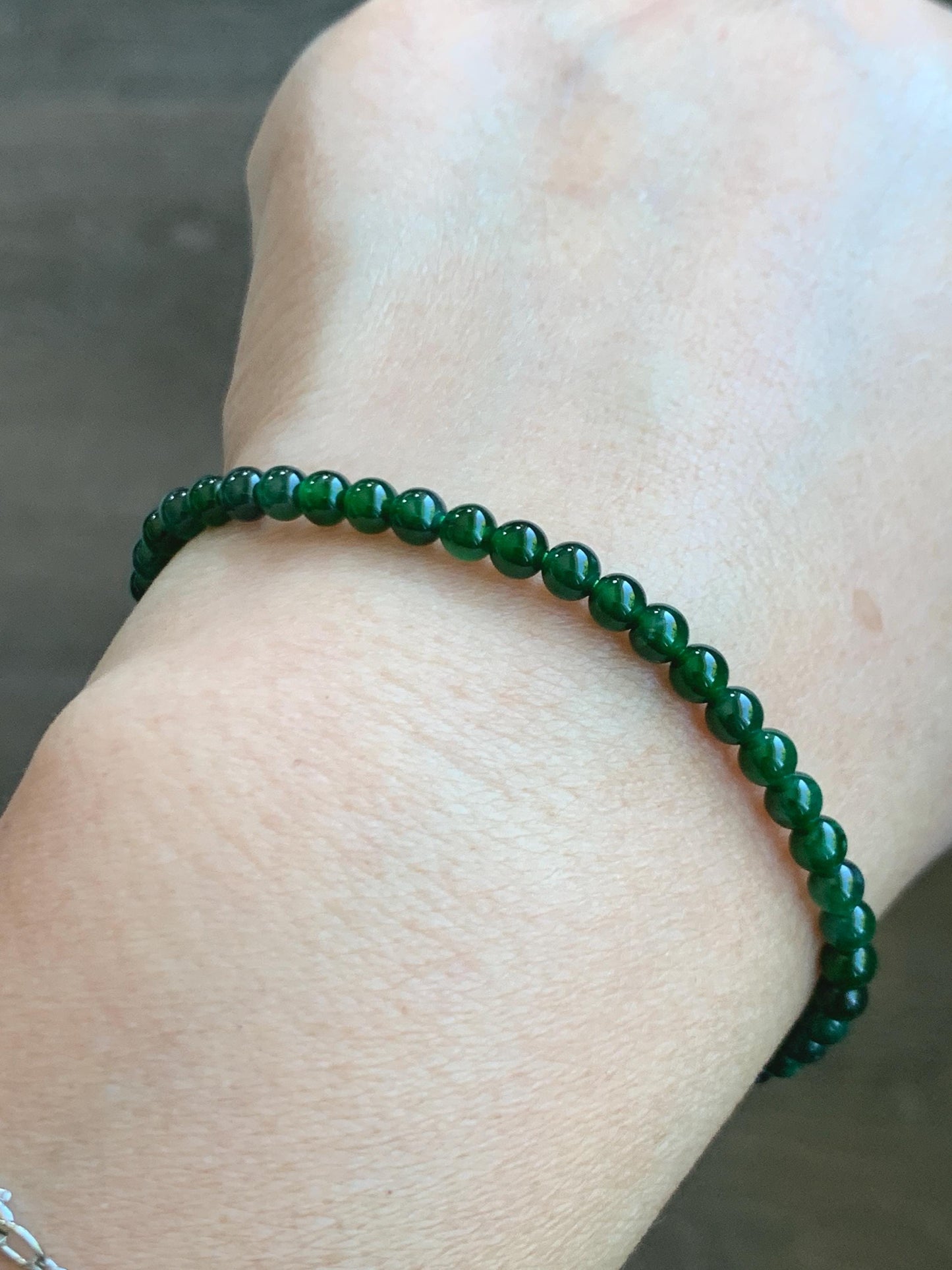 Natural Grade A Guatemalan Icy Translucent Vibrant Green Jade Jadeite Petite Beaded Bracelet 3.8mm 7” 14K Yellow Gold 天然冰危绿翡翠小圆珠手串 WXL107