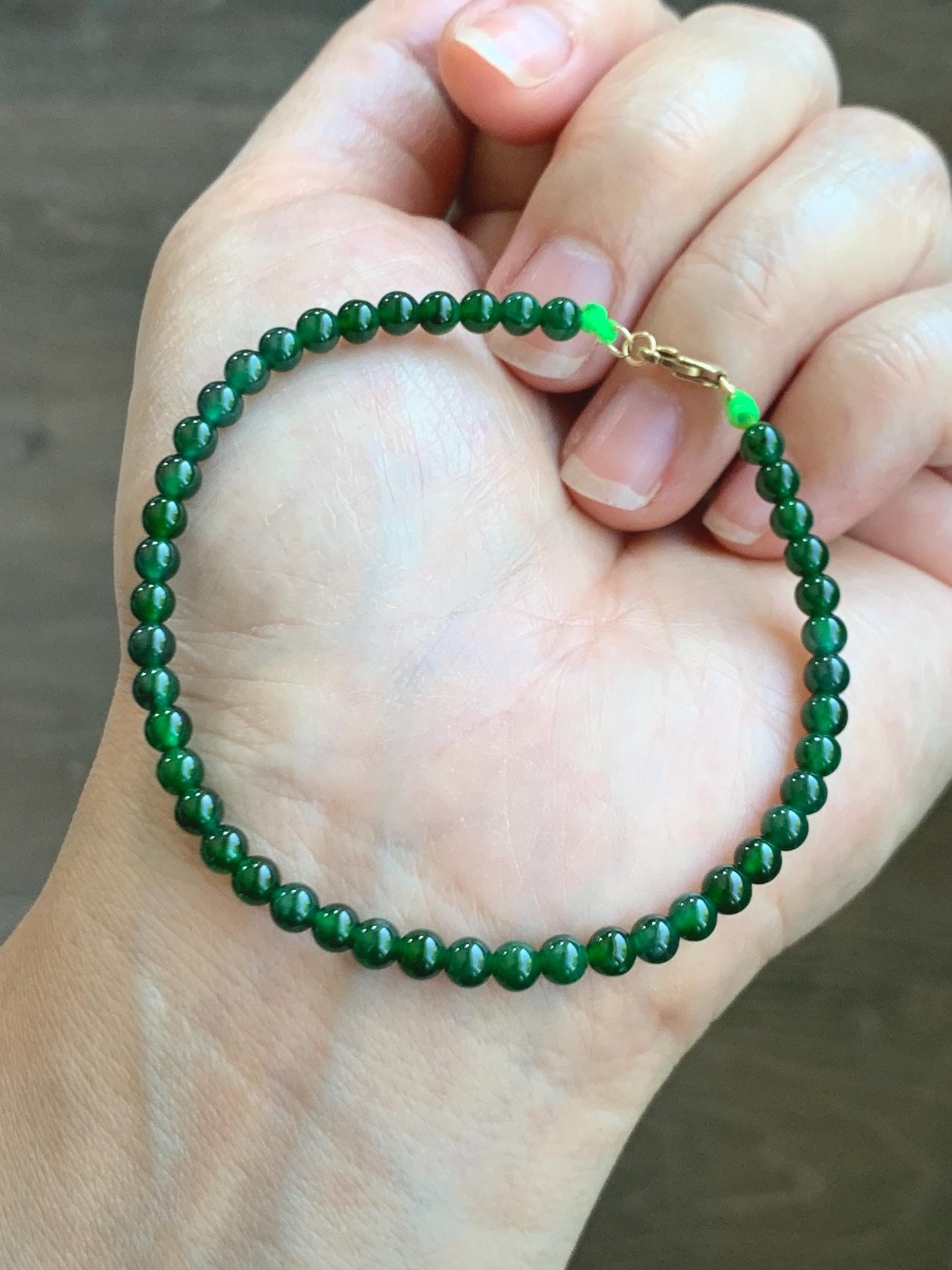 Natural Grade A Guatemalan Icy Translucent Vibrant Green Jade Jadeite Petite Beaded Bracelet 3.8mm 7” 14K Yellow Gold 天然冰危绿翡翠小圆珠手串 WXL107