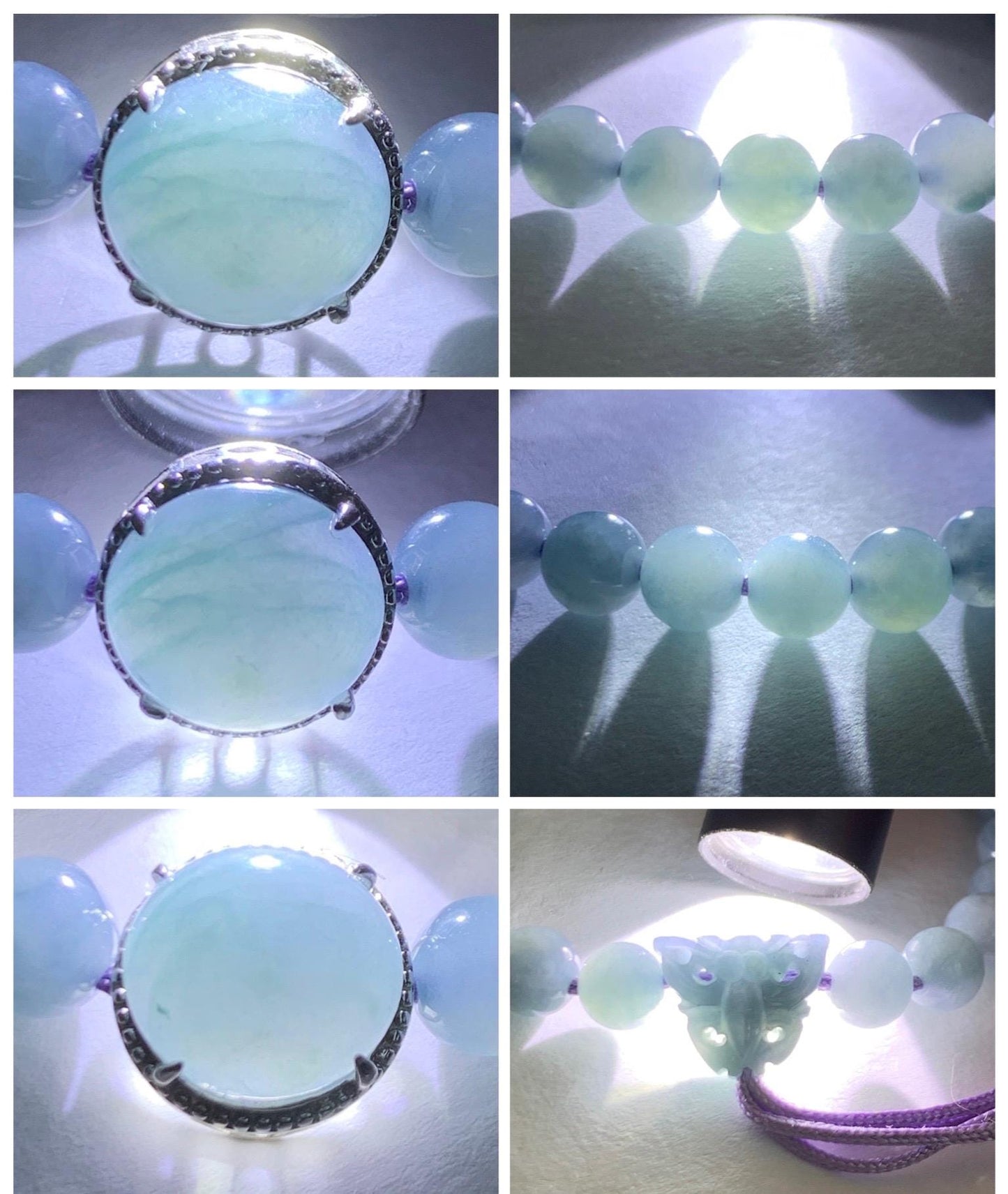 Natural Grade A Guatemalan Icy Translucent Light Blue Jade Jadeite Beads & Cabochon Charm Beaded Bracelet 6.75” 18g 天然冰胶浅蓝翡翠蛋面圆珠手串 HZW298