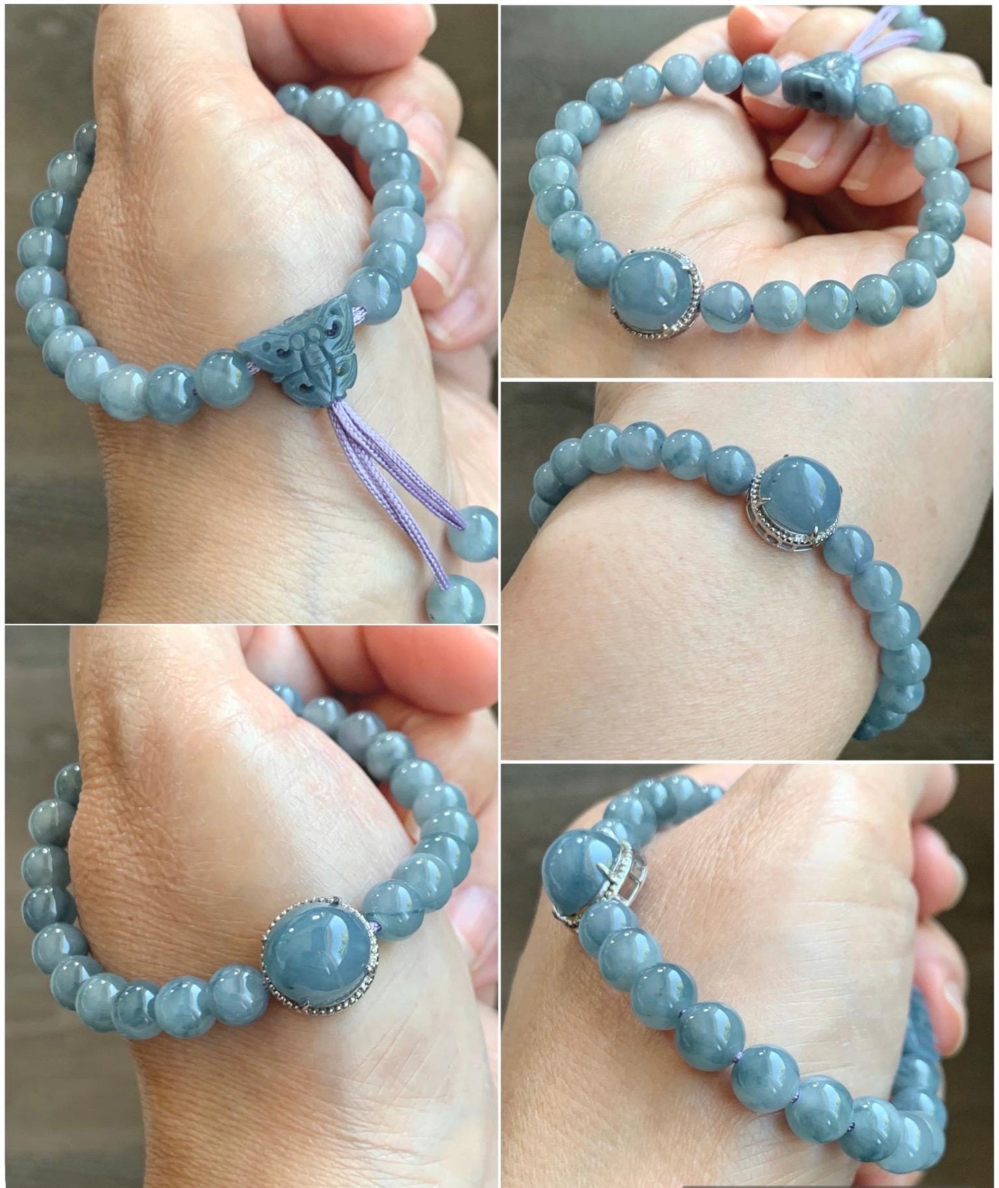 Natural Grade A Guatemalan Icy Translucent Light Blue Jade Jadeite Beads & Cabochon Charm Beaded Bracelet 6.75” 18g 天然冰胶浅蓝翡翠蛋面圆珠手串 HZW298