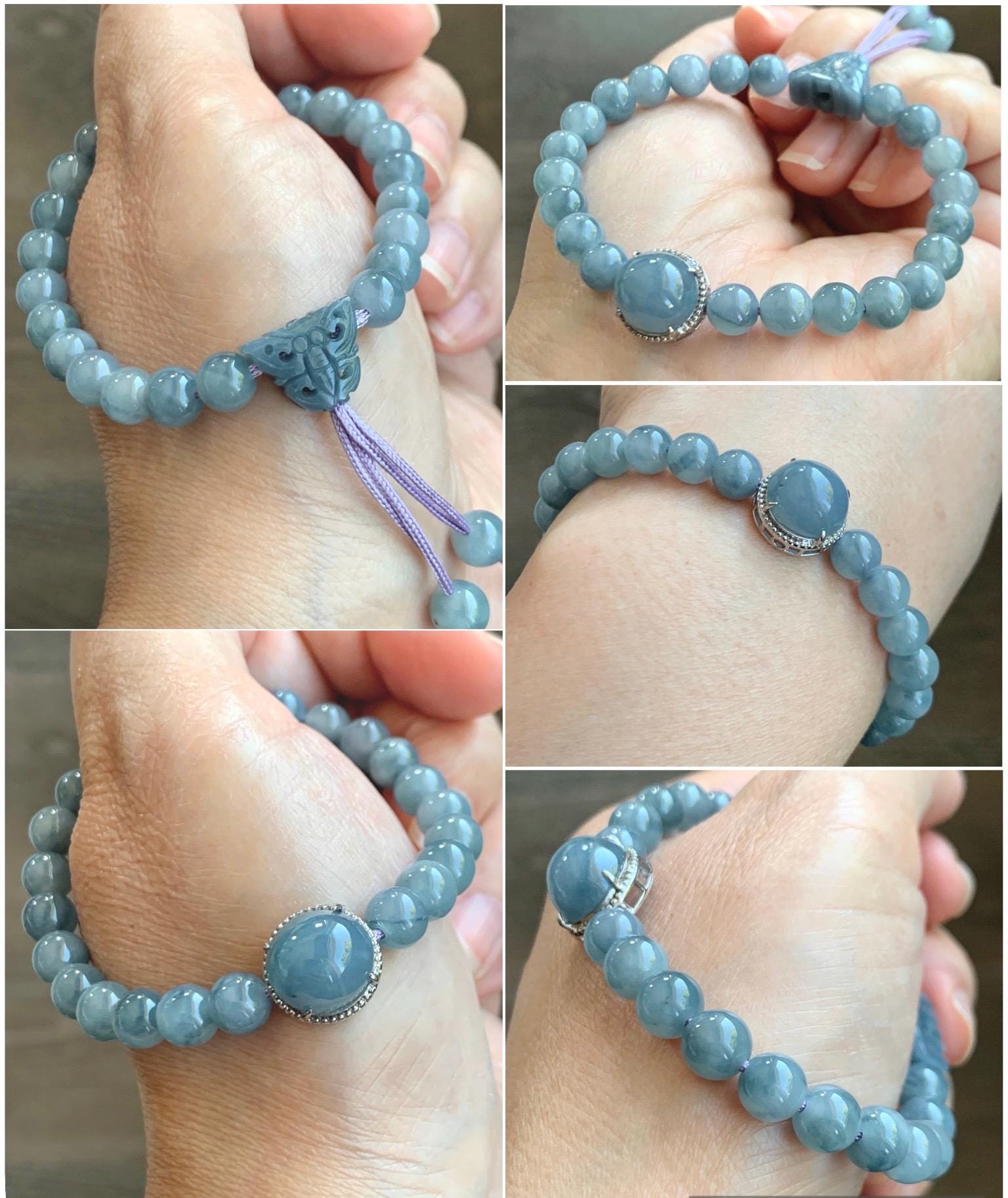Natural Grade A Guatemalan Icy Translucent Light Blue Jade Jadeite Beads & Cabochon Charm Beaded Bracelet 6.75” 18g 天然冰胶浅蓝翡翠蛋面圆珠手串 HZW298