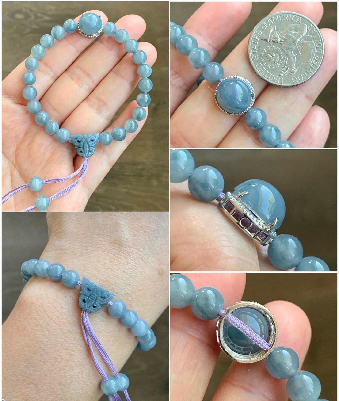 Natural Grade A Guatemalan Icy Translucent Light Blue Jade Jadeite Beads & Cabochon Charm Beaded Bracelet 6.75” 18g 天然冰胶浅蓝翡翠蛋面圆珠手串 HZW298