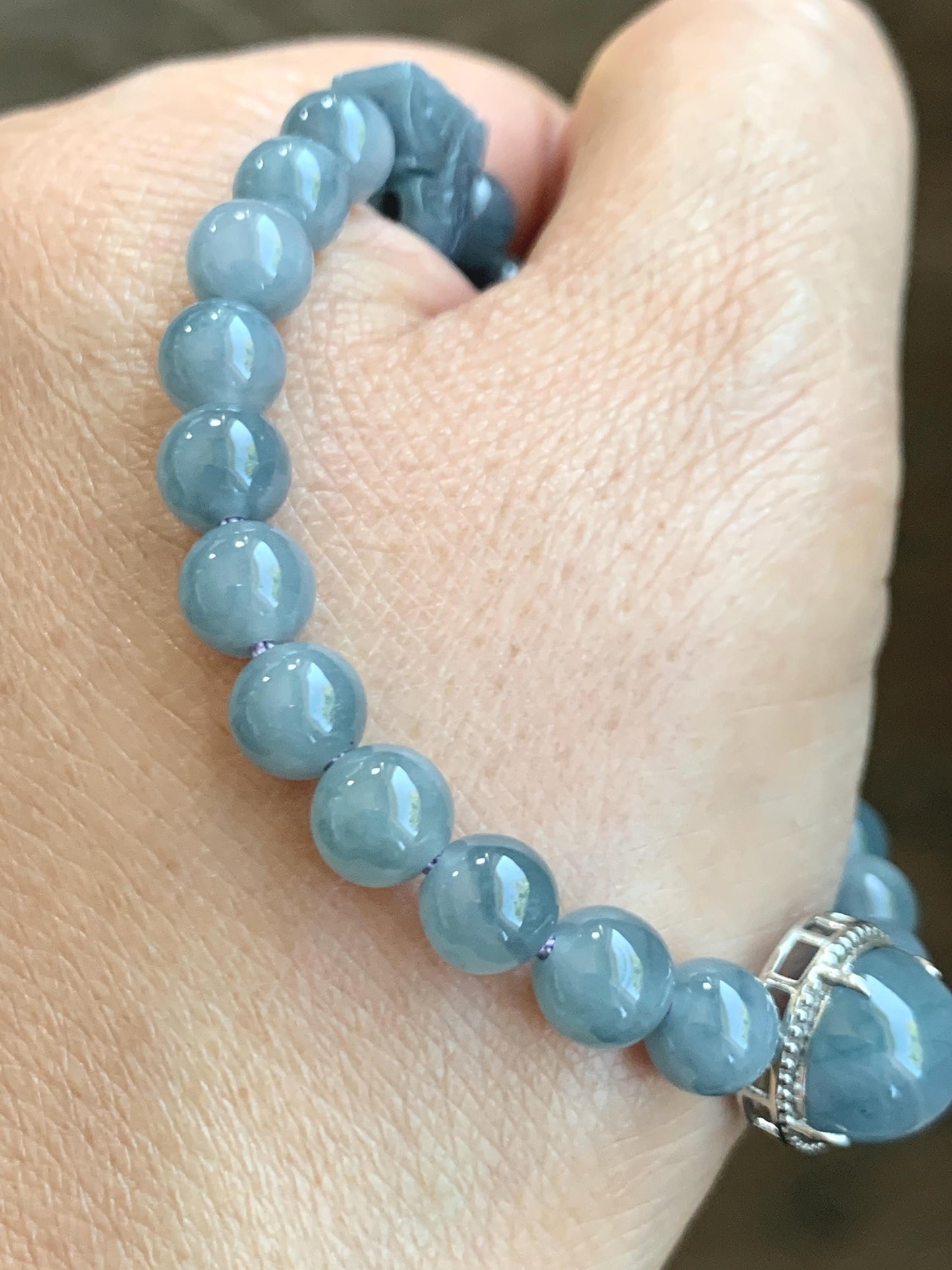 Natural Grade A Guatemalan Icy Translucent Light Blue Jade Jadeite Beads & Cabochon Charm Beaded Bracelet 6.75” 18g 天然冰胶浅蓝翡翠蛋面圆珠手串 HZW298