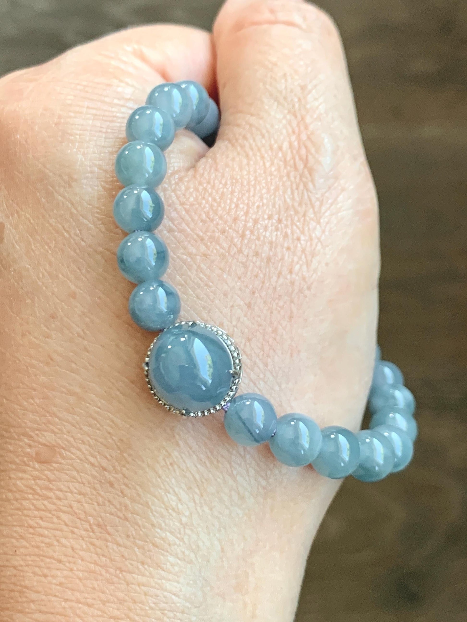 Natural Grade A Guatemalan Icy Translucent Light Blue Jade Jadeite Beads & Cabochon Charm Beaded Bracelet 6.75” 18g 天然冰胶浅蓝翡翠蛋面圆珠手串 HZW298