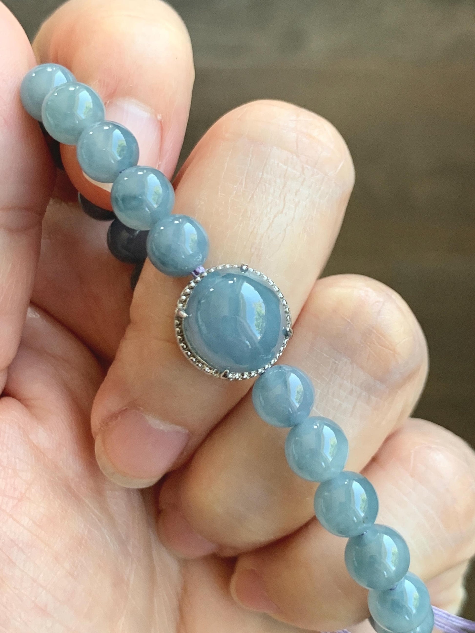 Natural Grade A Guatemalan Icy Translucent Light Blue Jade Jadeite Beads & Cabochon Charm Beaded Bracelet 6.75” 18g 天然冰胶浅蓝翡翠蛋面圆珠手串 HZW298