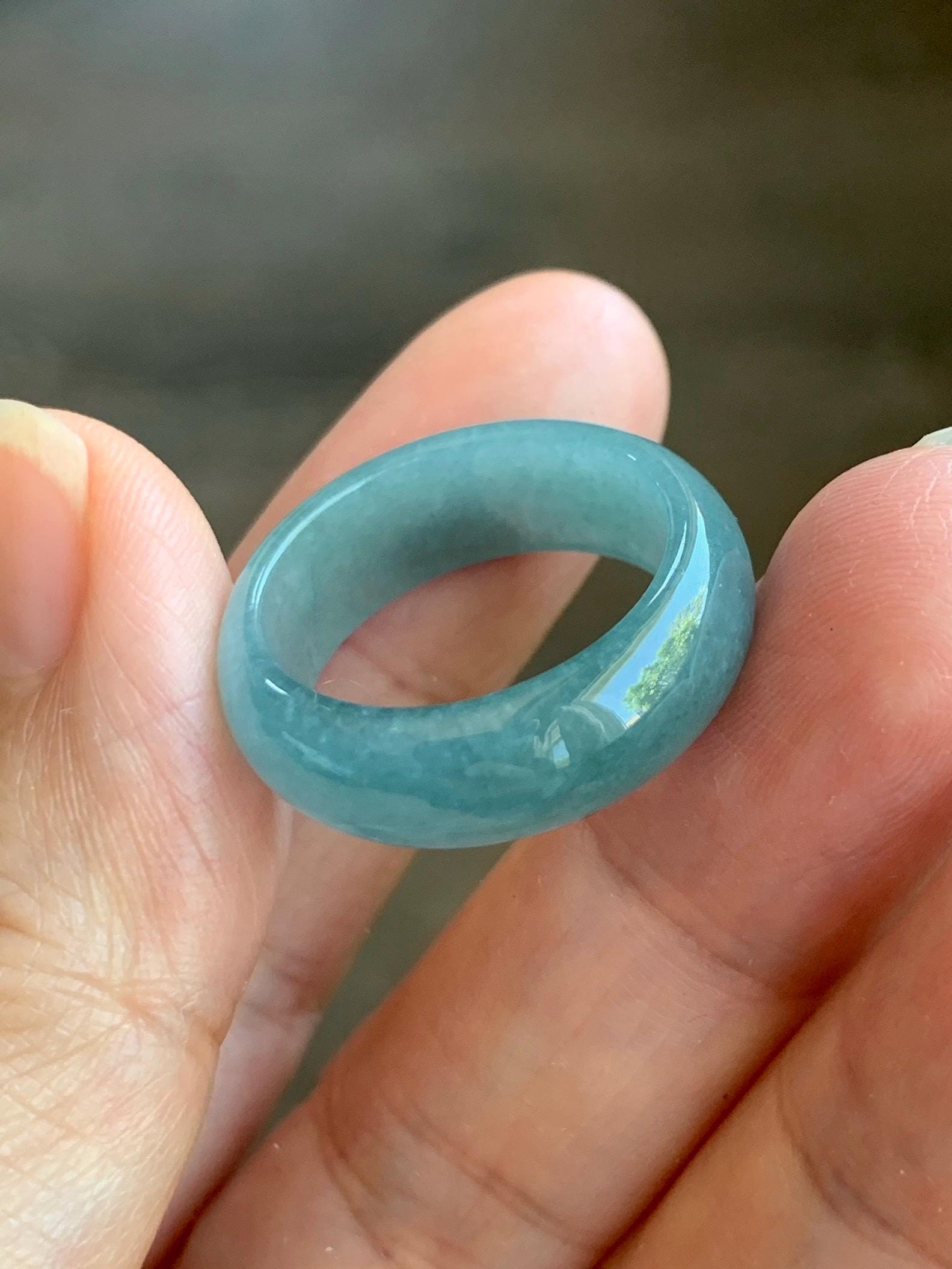 Natural Grade A Guatemalan Icy Translucent Dusty Teal Blue Jade Jadeite Wide Band Ring Size 8.5 US 天然冰危蓝绿翡翠戒圈 KWJ55B