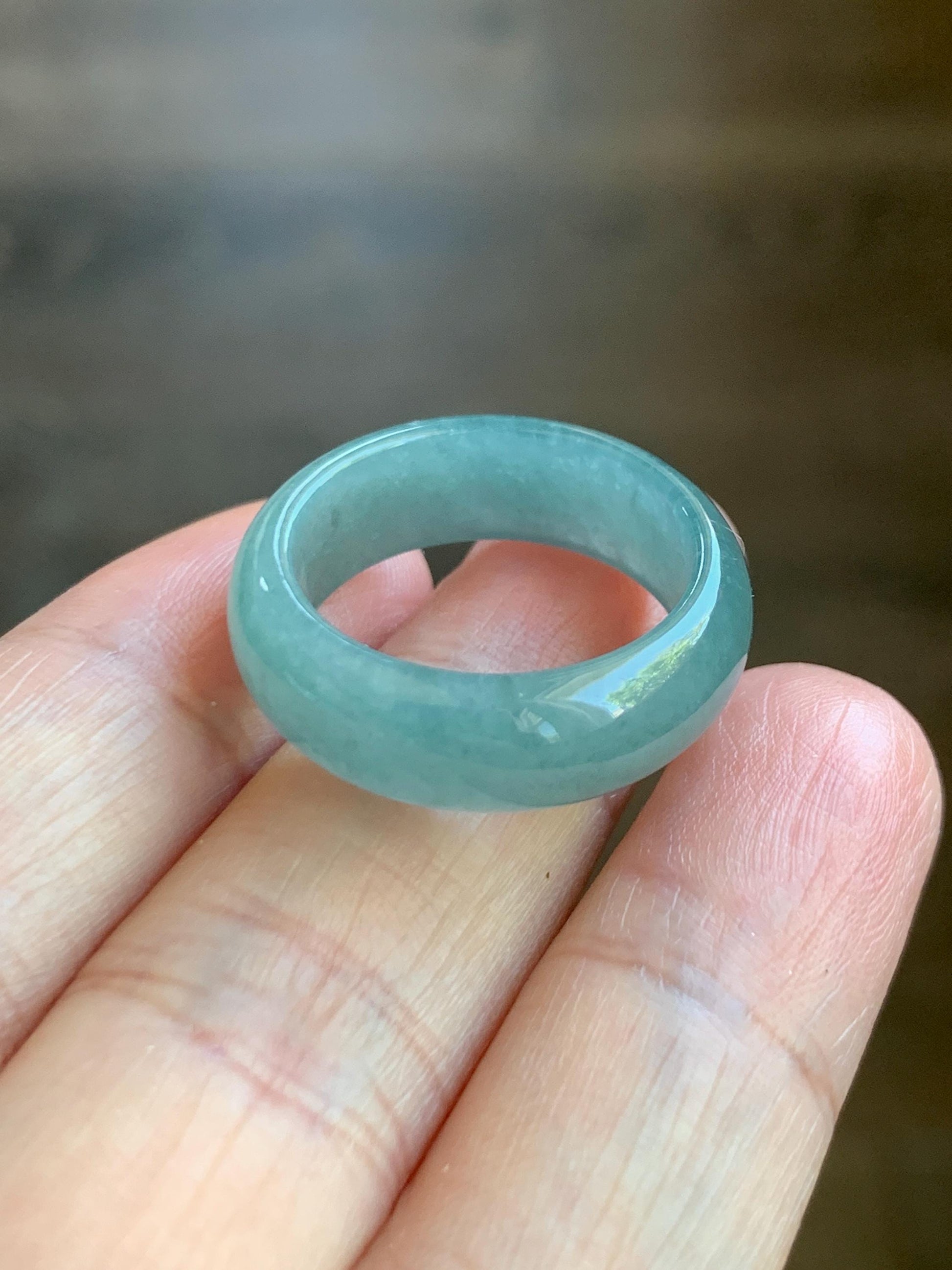 Natural Grade A Guatemalan Icy Translucent Dusty Teal Blue Jade Jadeite Wide Band Ring Size 8.5 US 天然冰危蓝绿翡翠戒圈 KWJ55B