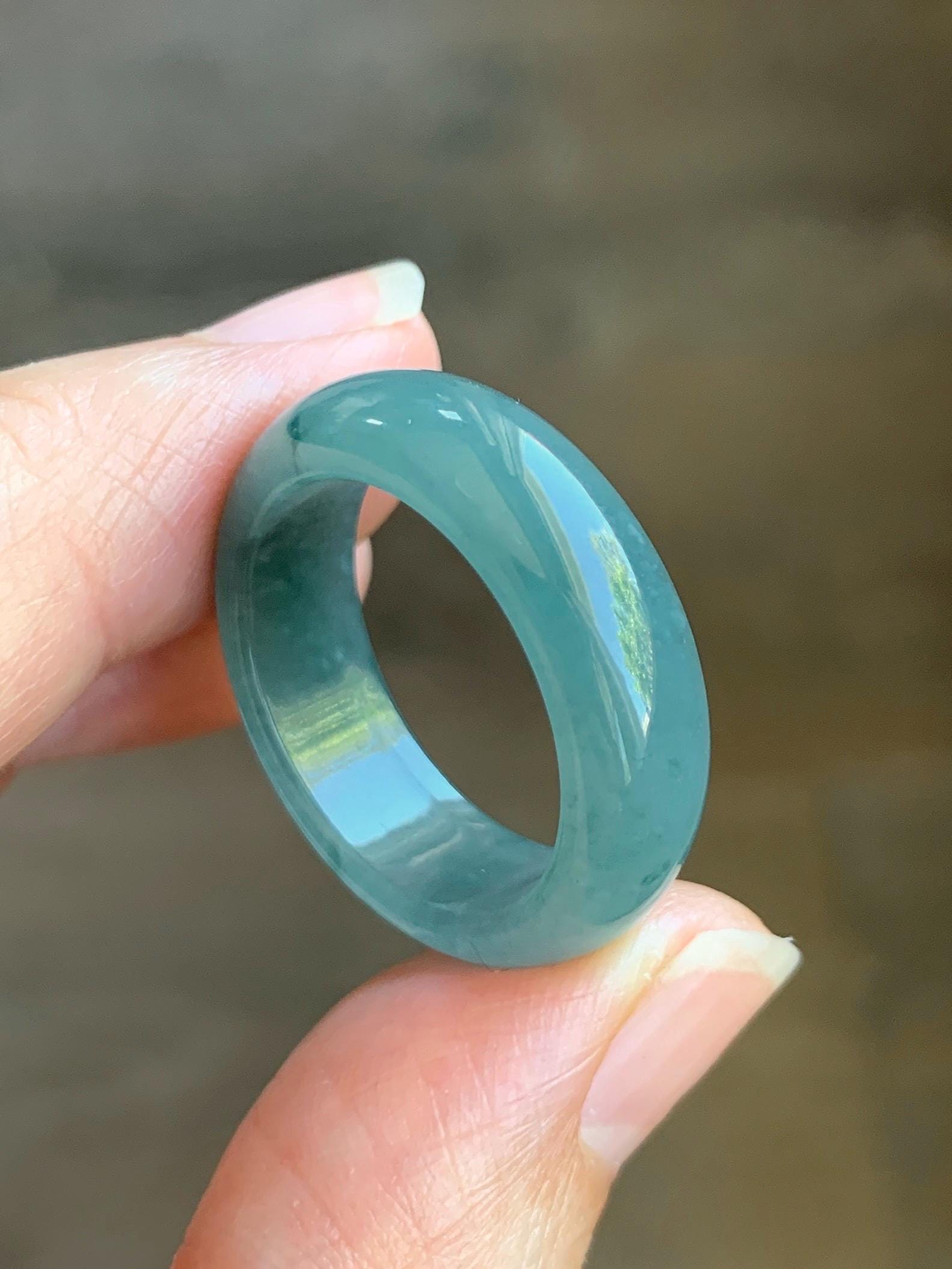 Natural Grade A Guatemalan Icy Translucent Dusty Teal Blue Jade Jadeite Wide Band Ring Size 10.25 US 天然冰危蓝绿翡翠戒圈 KWJ55C