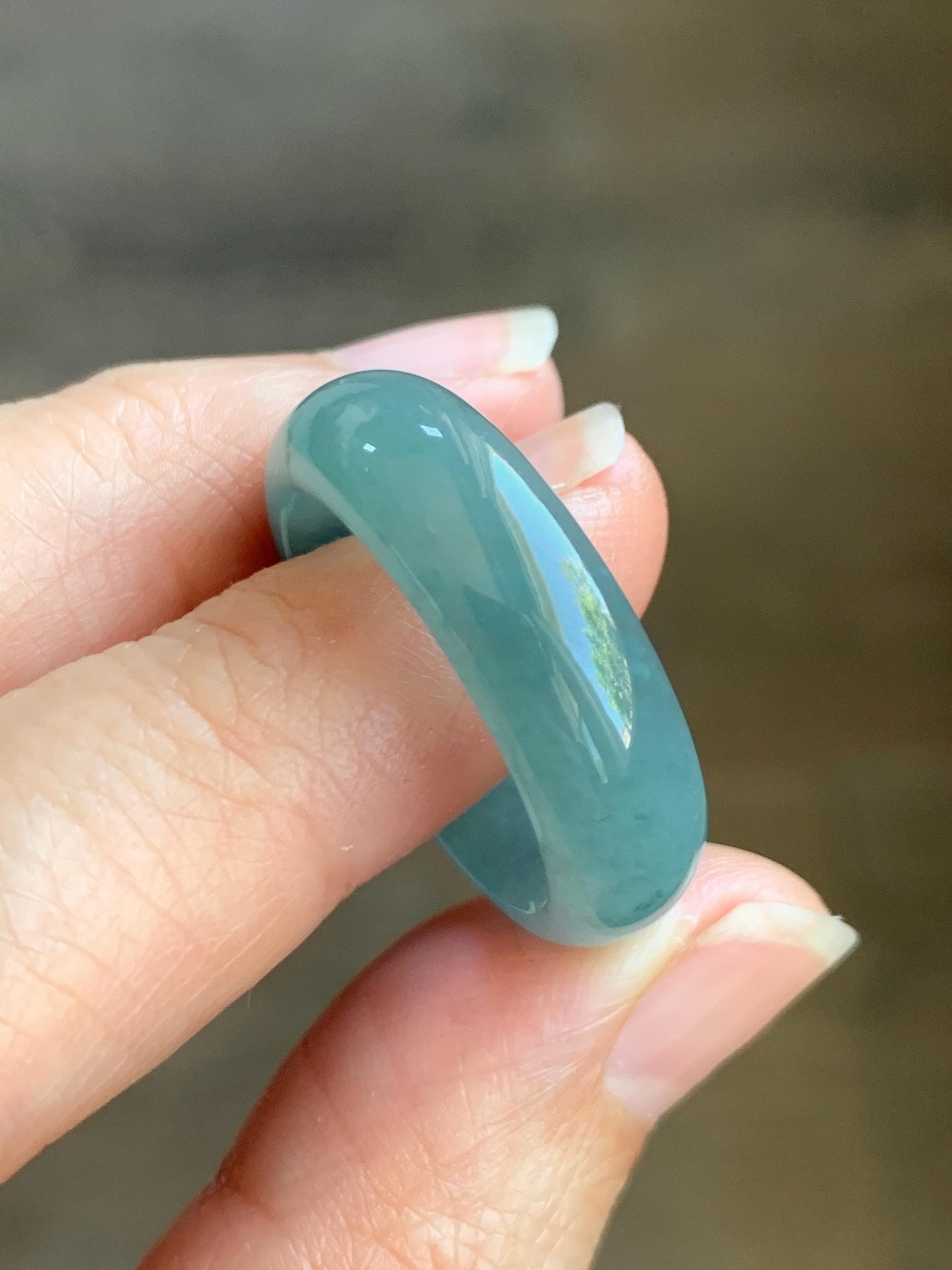Natural Grade A Guatemalan Icy Translucent Dusty Teal Blue Jade Jadeite Wide Band Ring Size 10.25 US 天然冰危蓝绿翡翠戒圈 KWJ55C