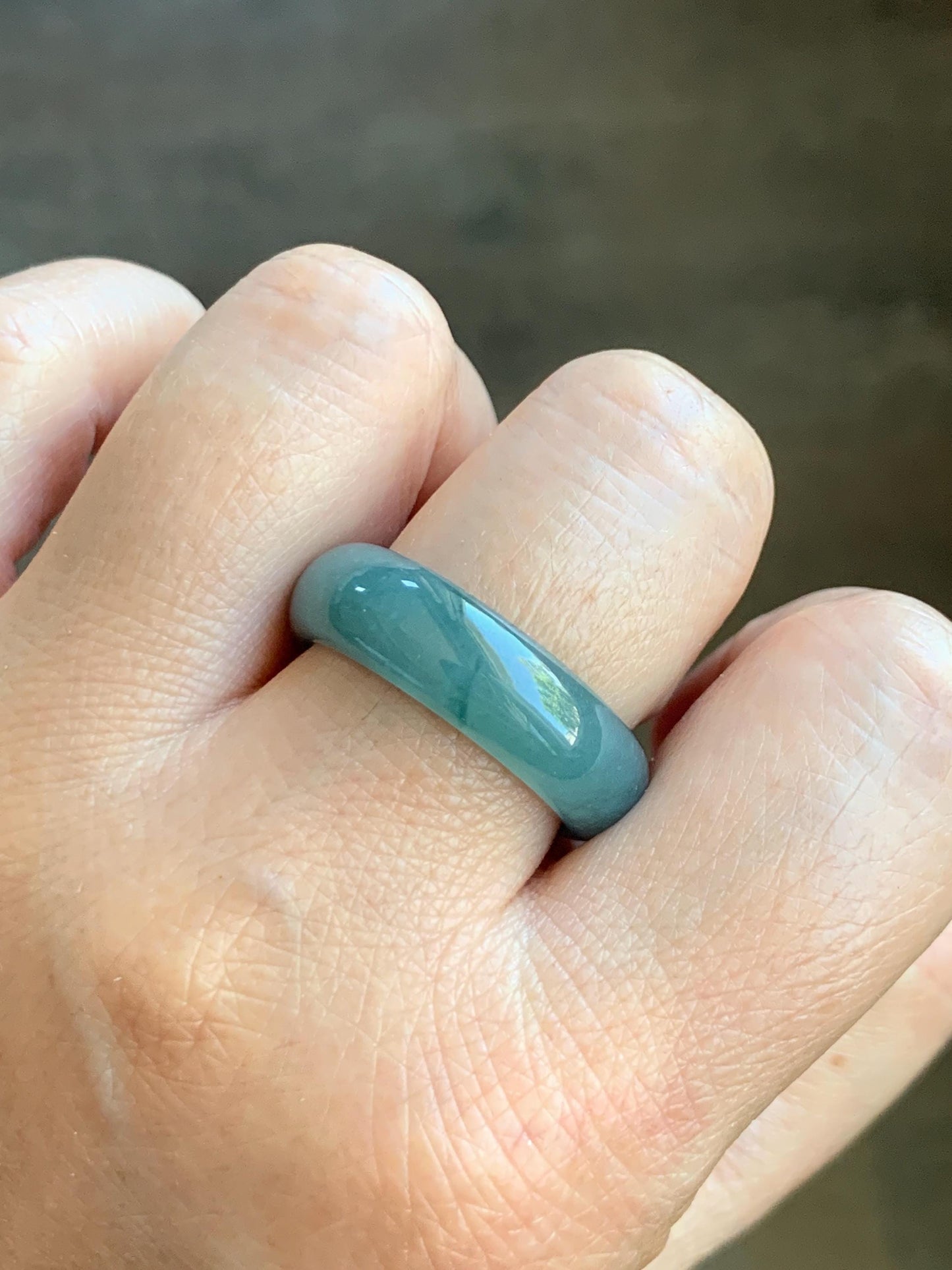 Natural Grade A Guatemalan Icy Translucent Dusty Teal Blue Jade Jadeite Wide Band Ring Size 10.25 US 天然冰危蓝绿翡翠戒圈 KWJ55C