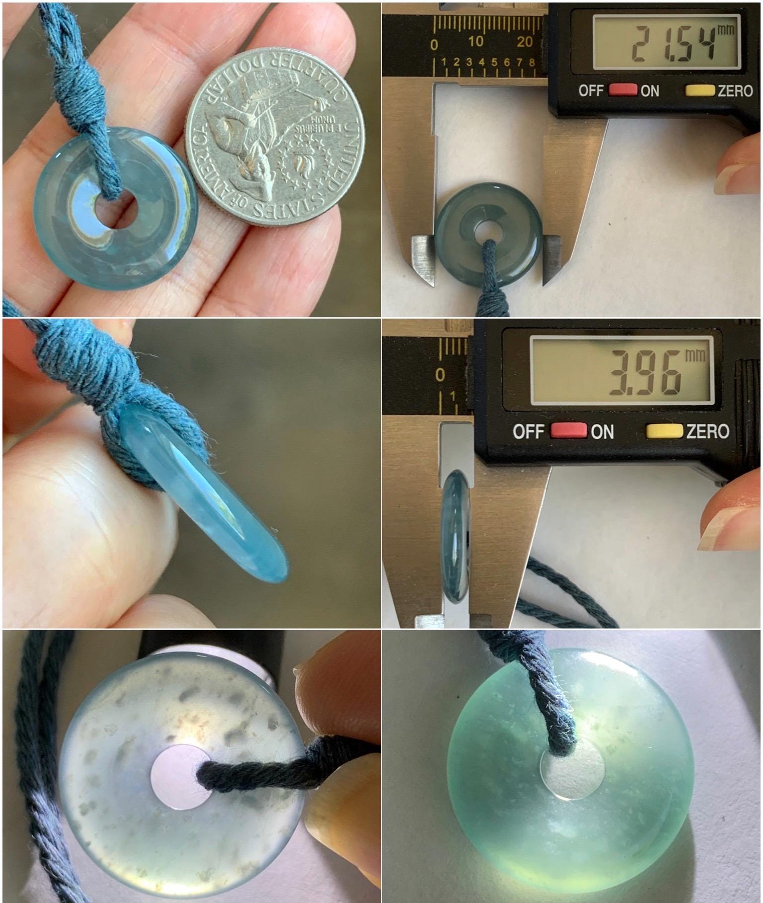 Natural Grade A Guatemalan Icy Translucent Teal Blue Jade Jadeite Ping An Kou Donut Petite Pendant Rope Necklace 25” 天然冰危浅蓝翡翠平安扣吊坠 WXK55N