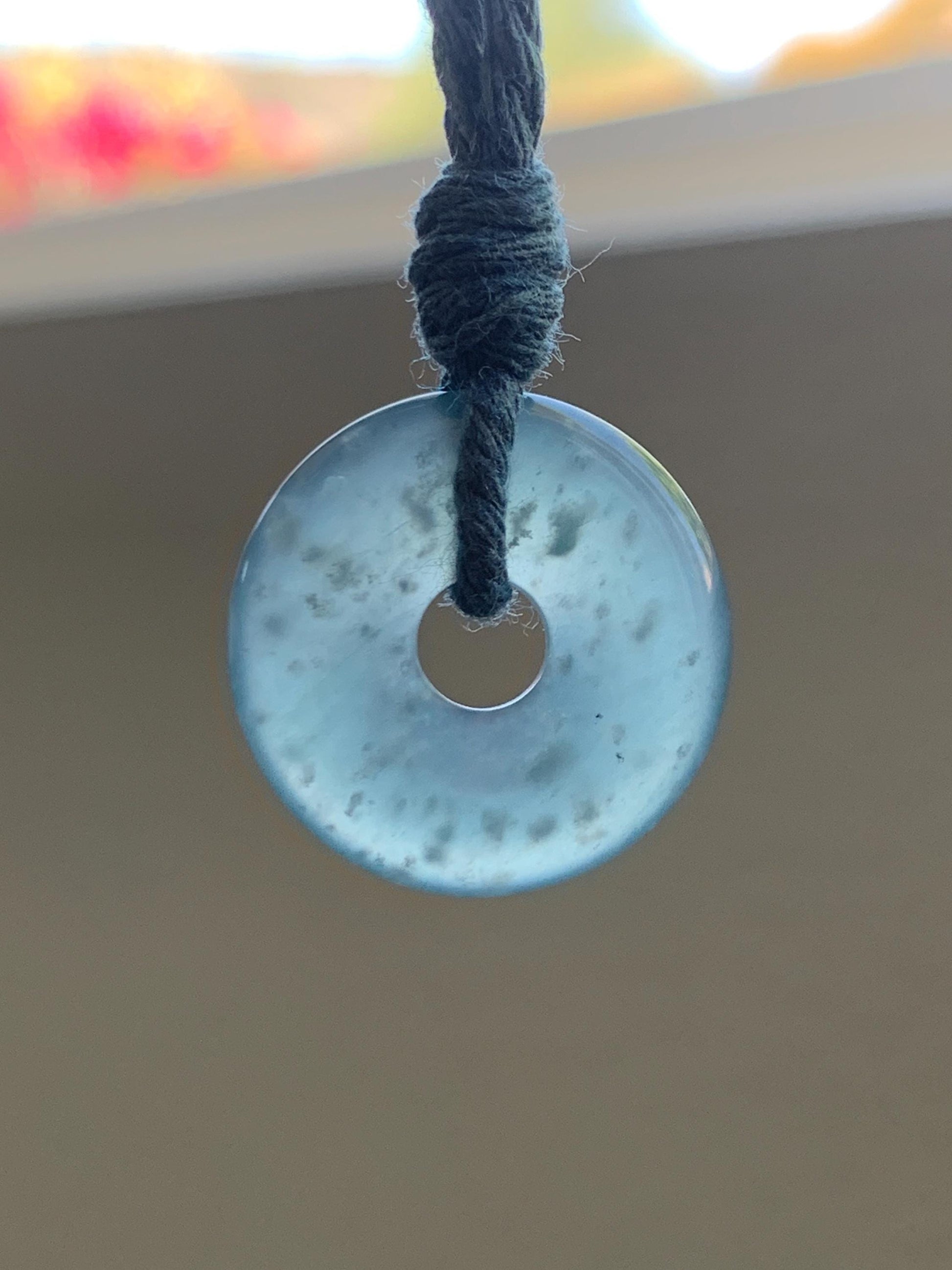 Natural Grade A Guatemalan Icy Translucent Teal Blue Jade Jadeite Ping An Kou Donut Petite Pendant Rope Necklace 25” 天然冰危浅蓝翡翠平安扣吊坠 WXK55N