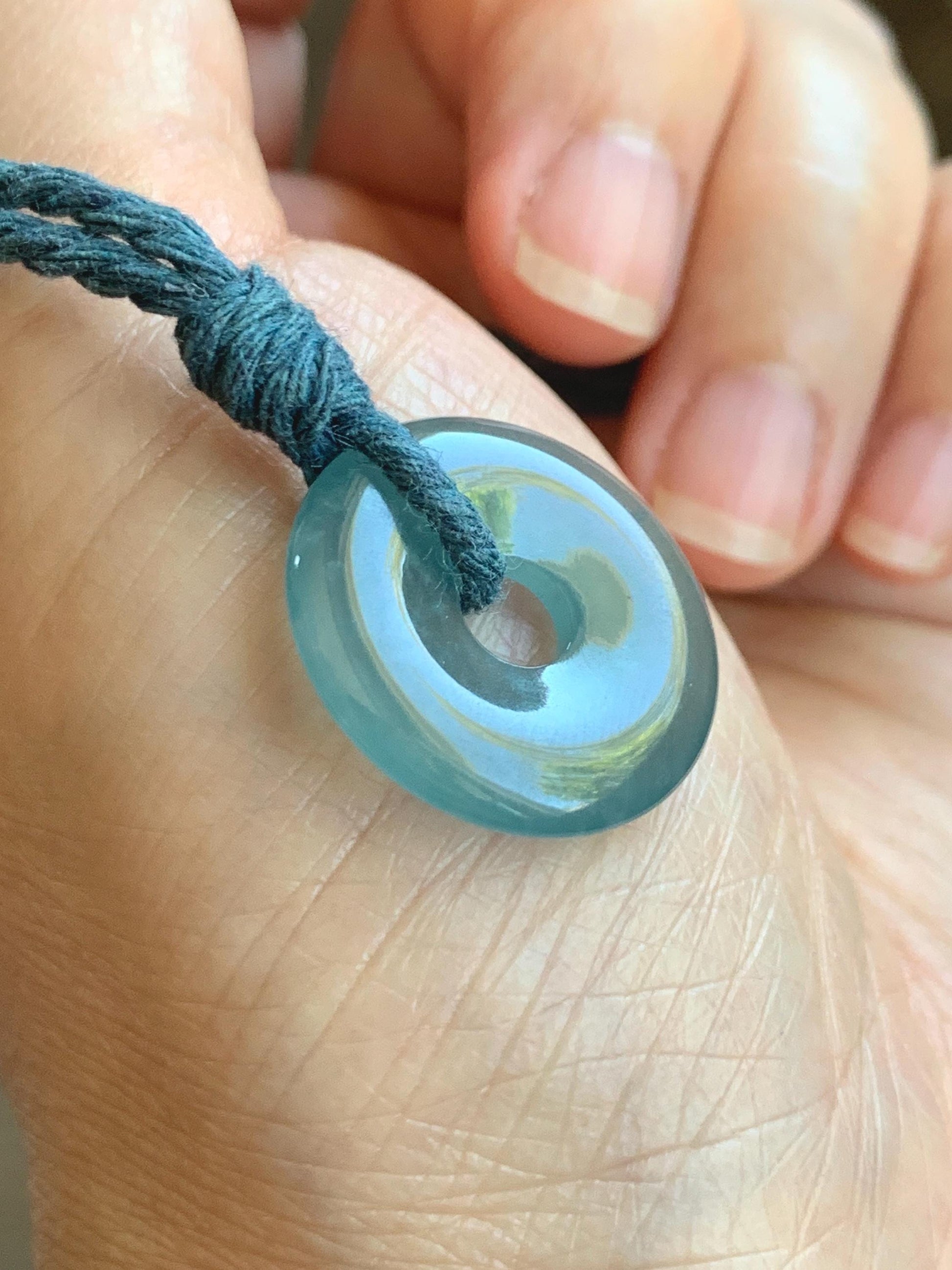 Natural Grade A Guatemalan Icy Translucent Teal Blue Jade Jadeite Ping An Kou Donut Petite Pendant Rope Necklace 25” 天然冰危浅蓝翡翠平安扣吊坠 WXK55N