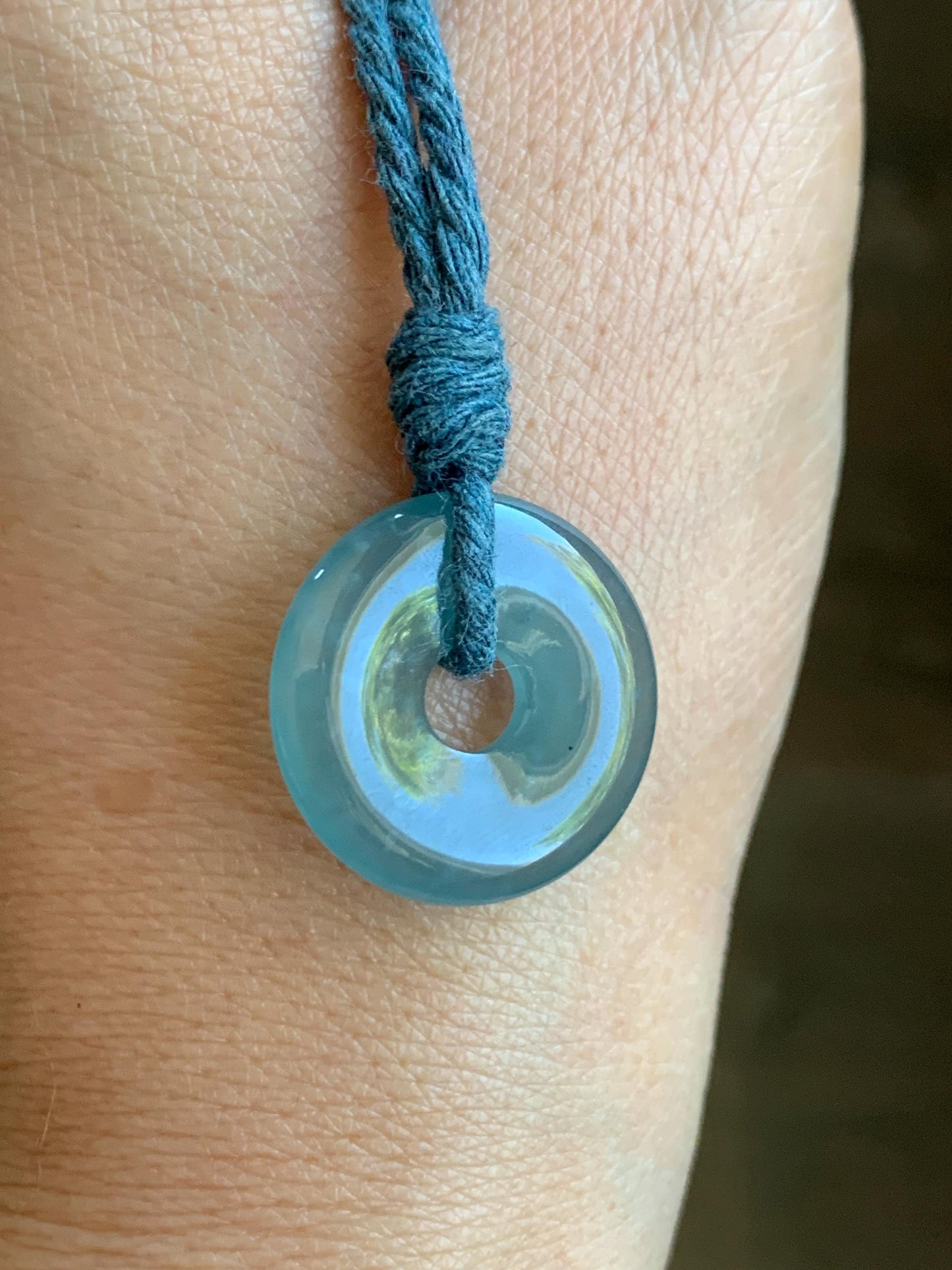 Natural Grade A Guatemalan Icy Translucent Teal Blue Jade Jadeite Ping An Kou Donut Petite Pendant Rope Necklace 25” 天然冰危浅蓝翡翠平安扣吊坠 WXK55N