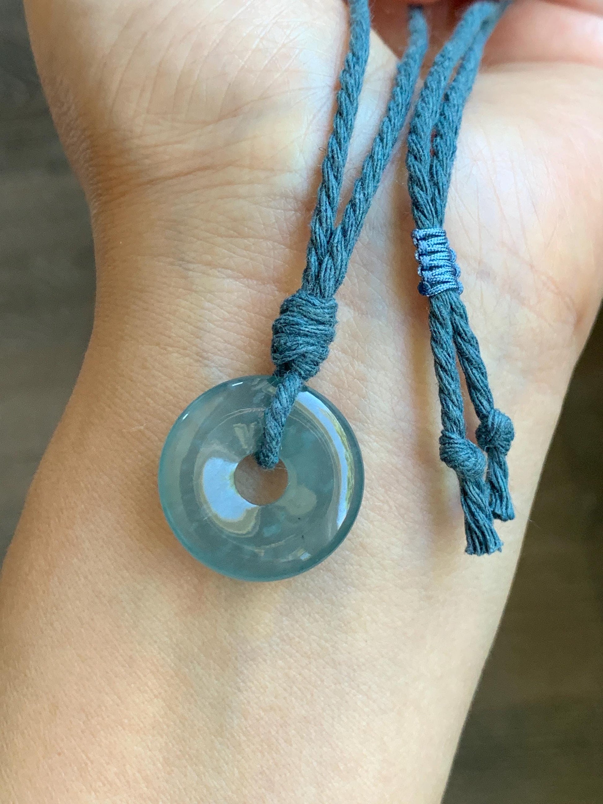 Natural Grade A Guatemalan Icy Translucent Teal Blue Jade Jadeite Ping An Kou Donut Petite Pendant Rope Necklace 25” 天然冰危浅蓝翡翠平安扣吊坠 WXK55N
