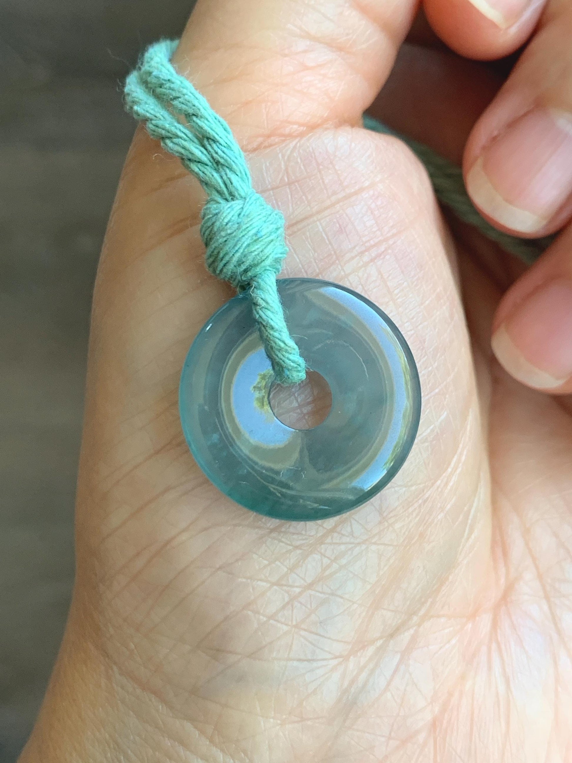 Natural Grade A Guatemalan Icy Translucent Teal Blue Jade Jadeite Ping An Kou Donut Petite Pendant Rope Necklace 25” 天然冰危蓝翡翠平安扣吊坠 WXK55L