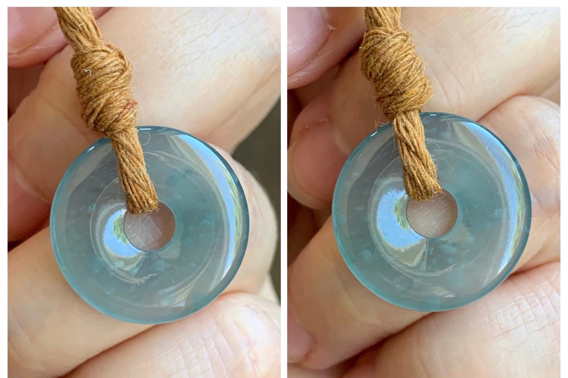 Natural Grade A Guatemalan Icy Translucent Teal Blue Jade Jadeite Ping An Kou Donut Petite Pendant Rope Necklace 25” 天然冰危蓝翡翠平安扣吊坠 WXK55A