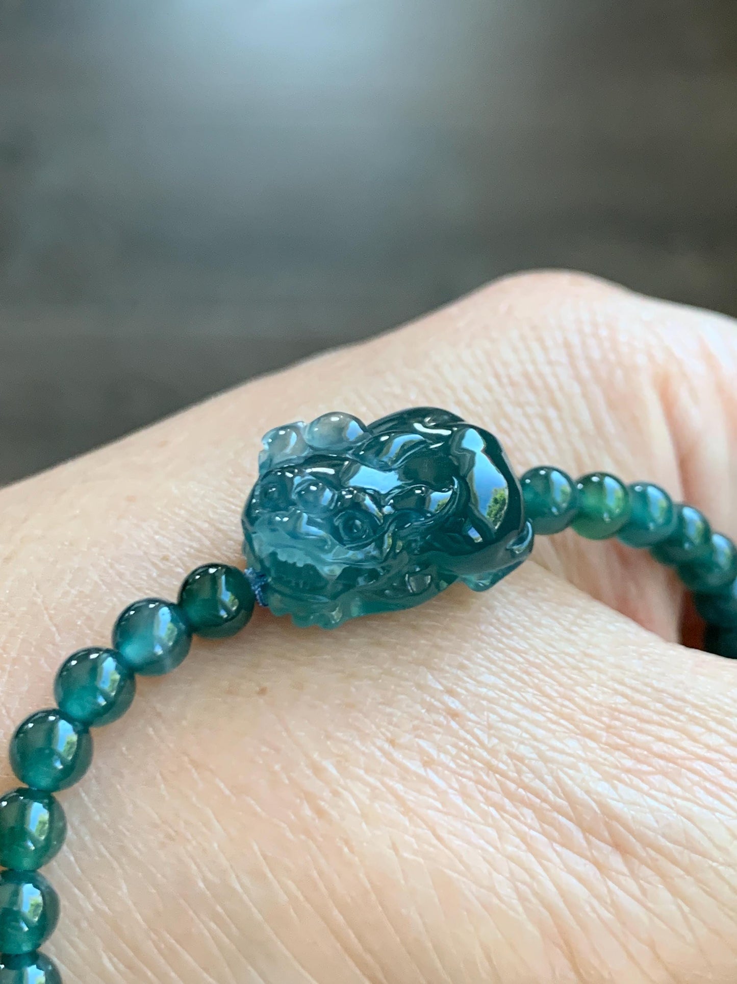 Natural Grade A Guatemalan Icy Highly Translucent Dark Teal Blue Jade Jadeite Pixiu Beaded Bracelet 6.75” 10g 天然高冰危蓝翡翠貔貅圆珠手串 GBWP388
