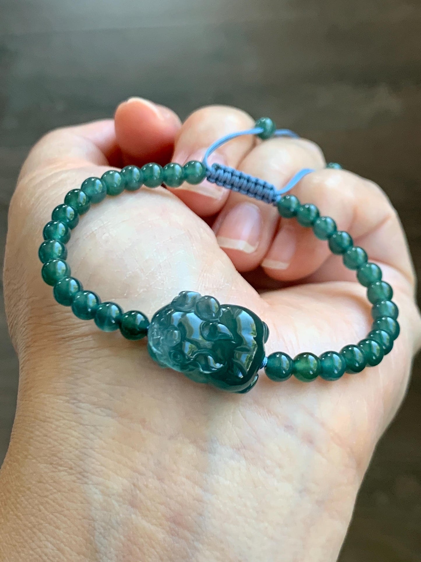 Natural Grade A Guatemalan Icy Highly Translucent Dark Teal Blue Jade Jadeite Pixiu Beaded Bracelet 6.75” 10g 天然高冰危蓝翡翠貔貅圆珠手串 GBWP388