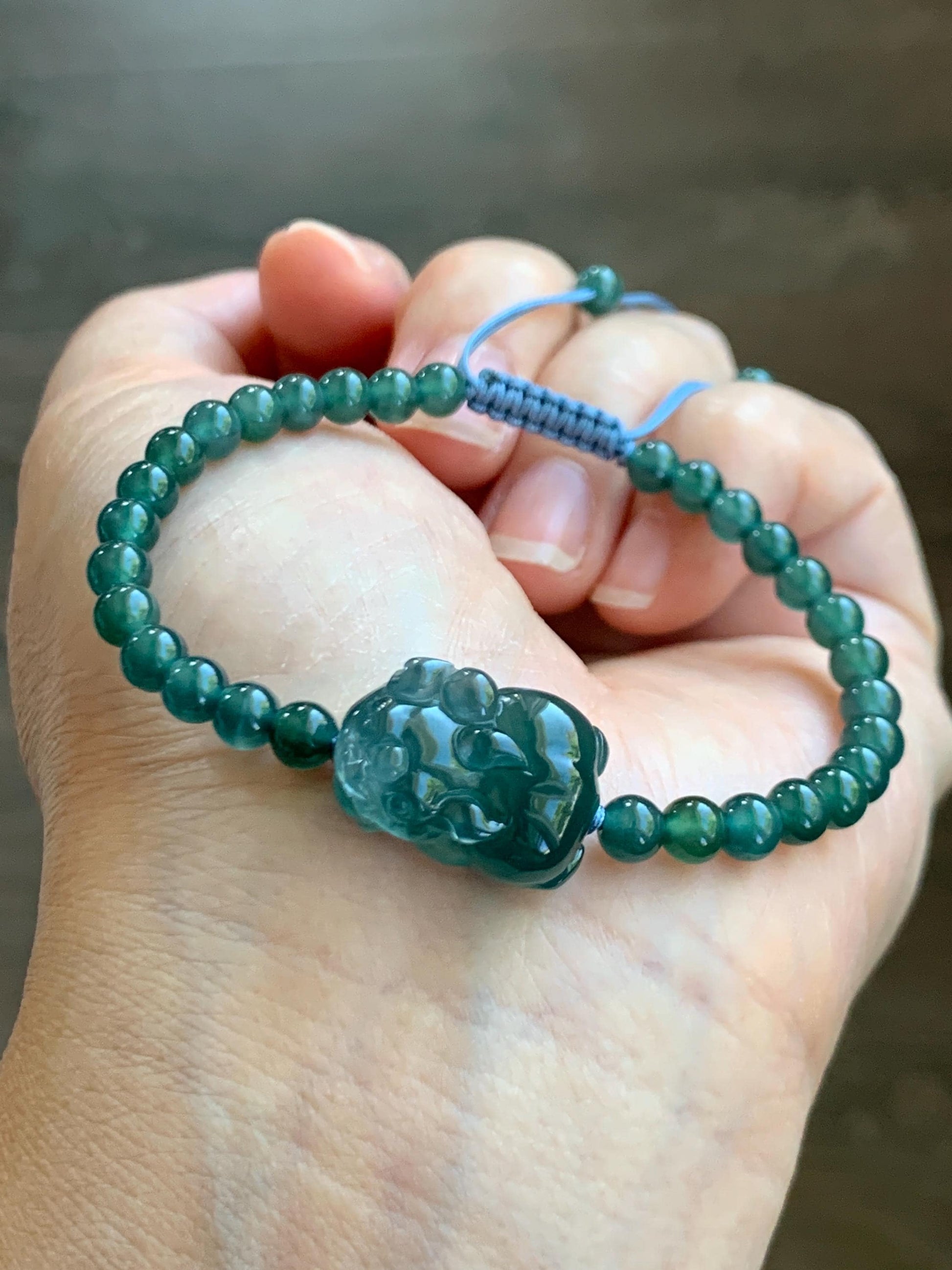 Natural Grade A Guatemalan Icy Highly Translucent Dark Teal Blue Jade Jadeite Pixiu Beaded Bracelet 6.75” 10g 天然高冰危蓝翡翠貔貅圆珠手串 GBWP388