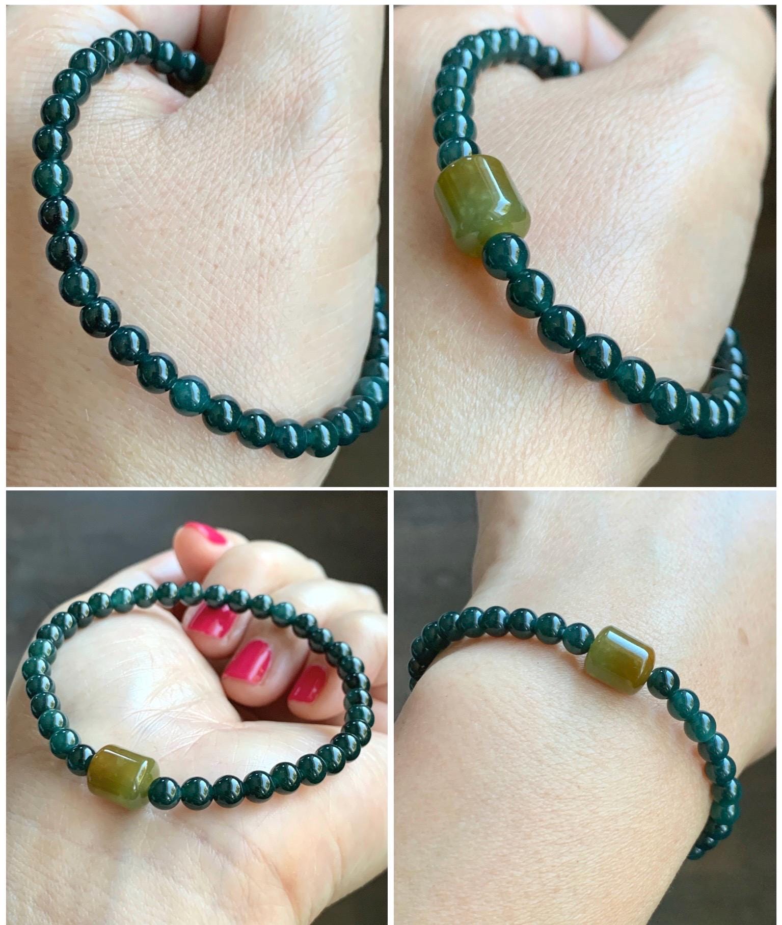 Natural Grade A Guatemalan Icy Translucent Dark Teal Jadeite Petite Beads Yellow Barrel Bead Beaded Bracelet 7” 8g 天然冰危深篮翡翠小圆珠冰黄桶珠手串 SWLT143