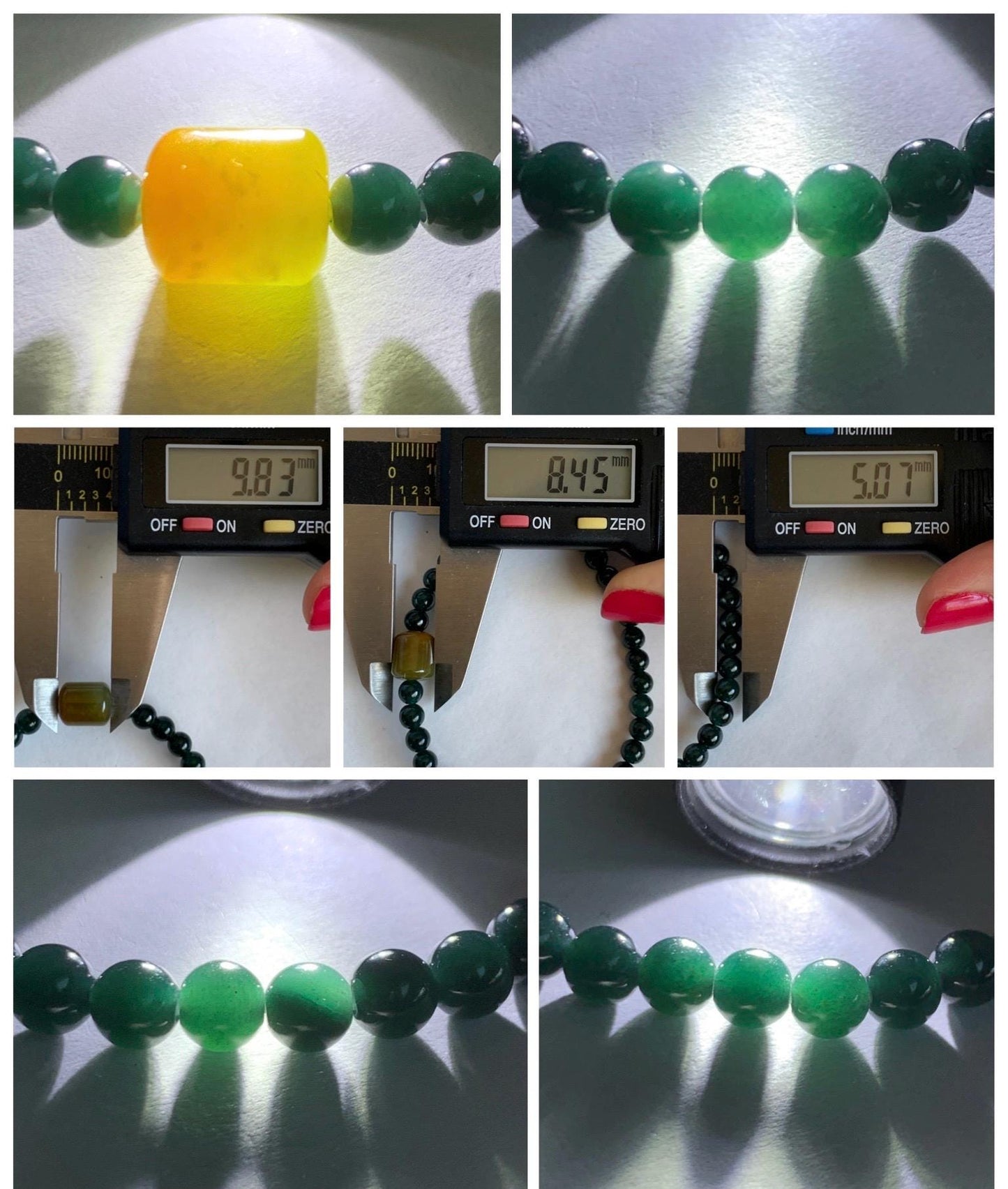 Natural Grade A Guatemalan Icy Translucent Dark Teal Jadeite Petite Beads Yellow Barrel Bead Beaded Bracelet 7” 8g 天然冰危深篮翡翠小圆珠冰黄桶珠手串 SWLT143
