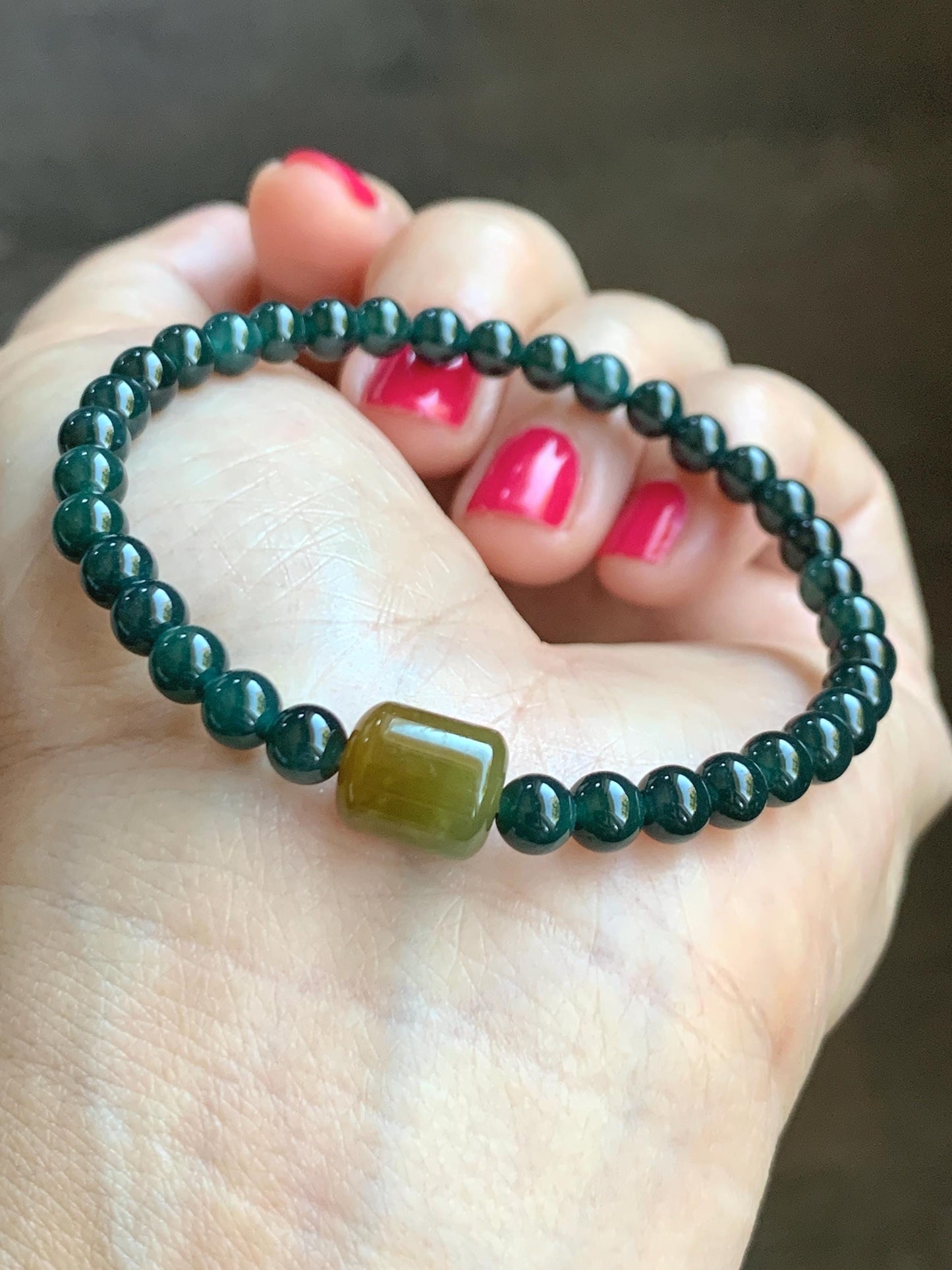 Natural Grade A Guatemalan Icy Translucent Dark Teal Jadeite Petite Beads Yellow Barrel Bead Beaded Bracelet 7” 8g 天然冰危深篮翡翠小圆珠冰黄桶珠手串 SWLT143