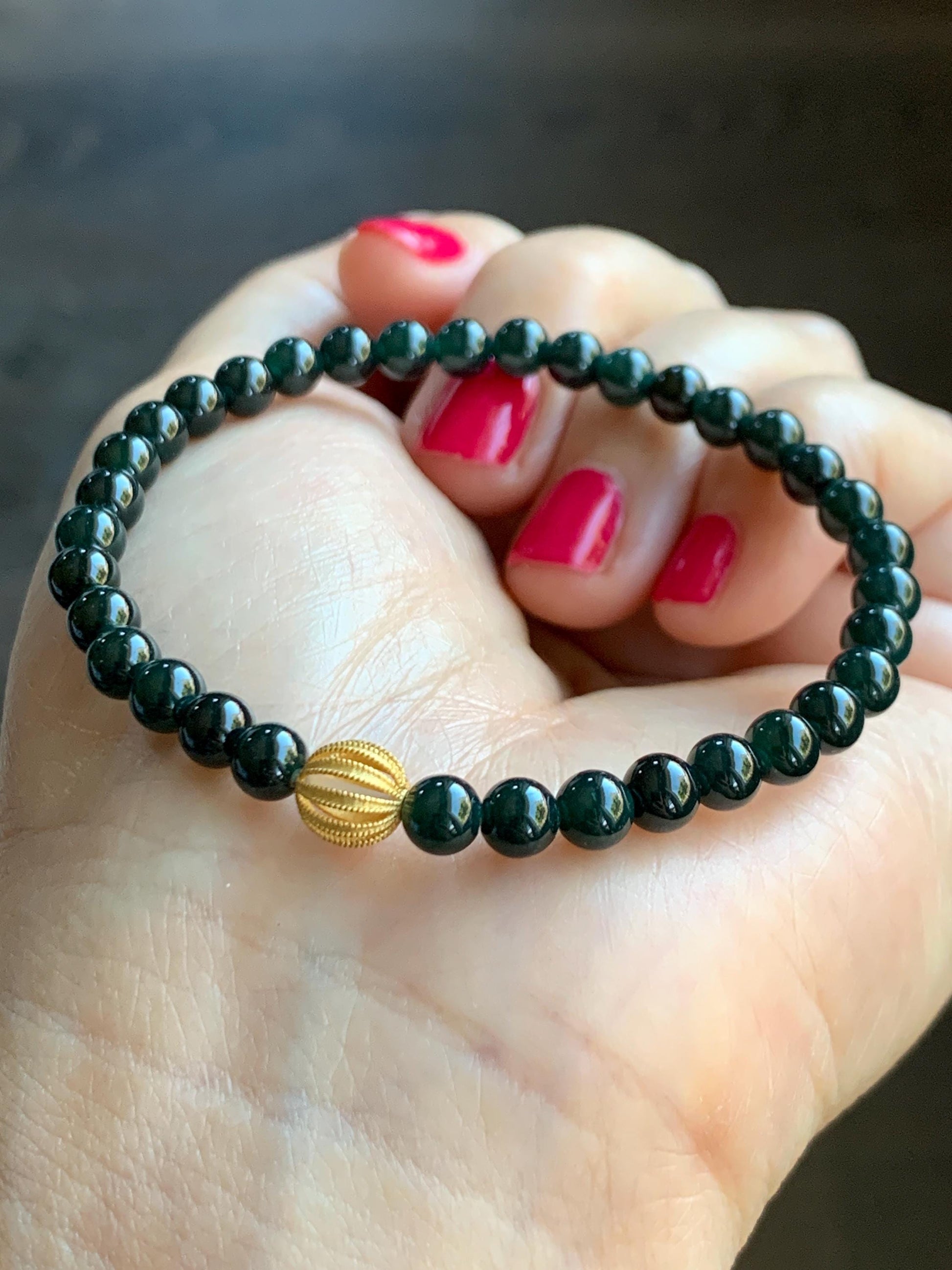 Natural Grade A Guatemalan Icy Translucent Dark Teal Jade Jadeite Petite Beads Beaded Bracelet Sterling Silver 6.75” 天然冰危深篮翡翠小圆珠手串 SWLQ100