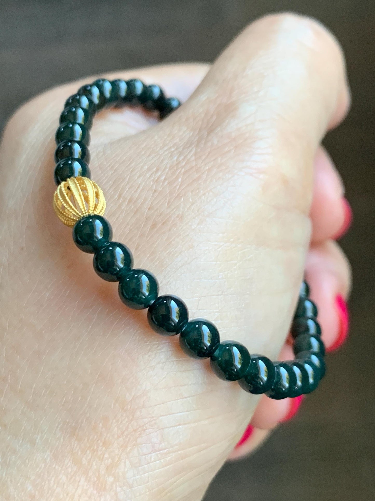 Natural Grade A Guatemalan Icy Translucent Dark Teal Jade Jadeite Petite Beads Beaded Bracelet Sterling Silver 6.75” 天然冰危深篮翡翠小圆珠手串 SWLQ100