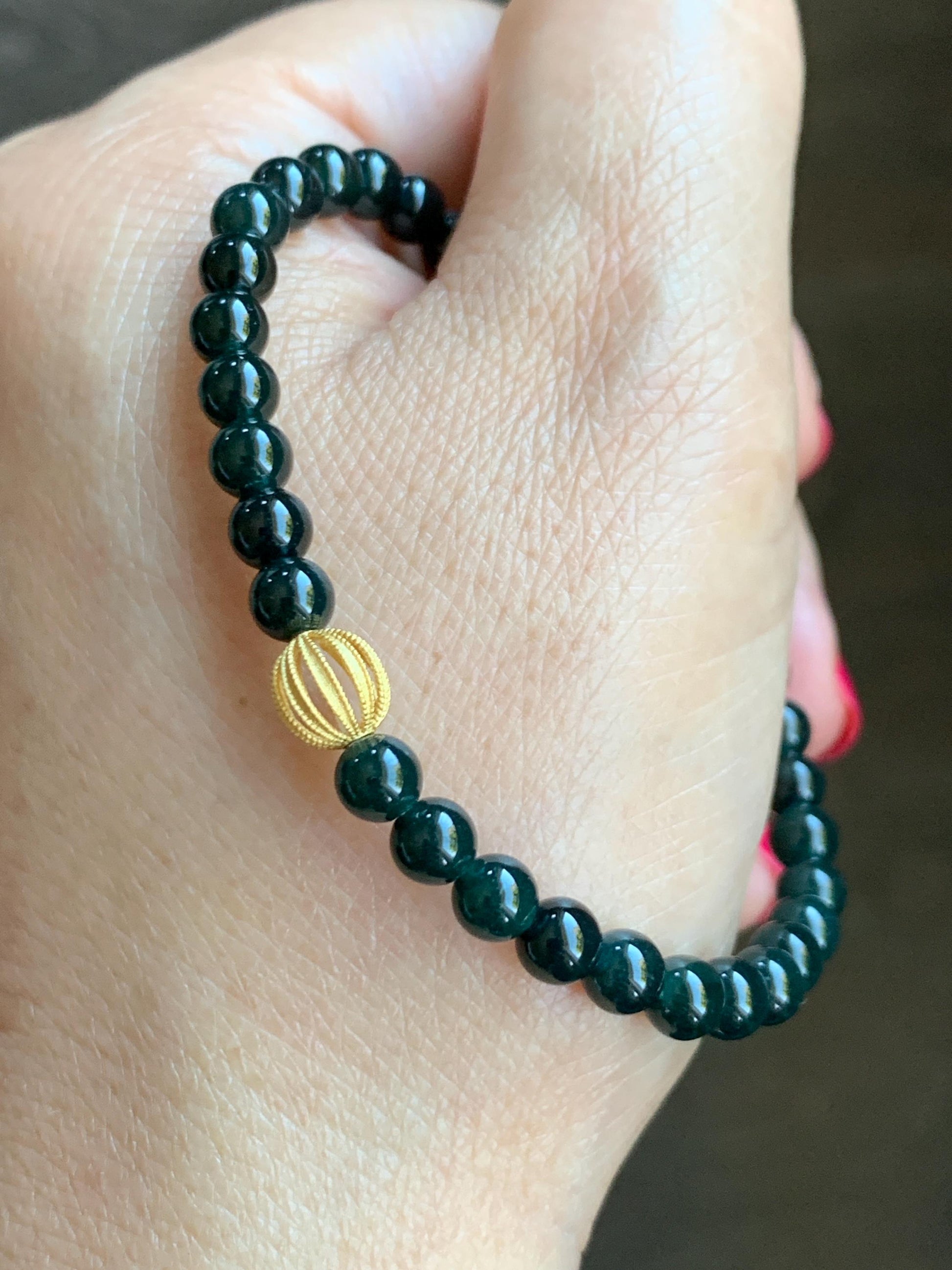 Natural Grade A Guatemalan Icy Translucent Dark Teal Jade Jadeite Petite Beads Beaded Bracelet Sterling Silver 6.75” 天然冰危深篮翡翠小圆珠手串 SWLQ100