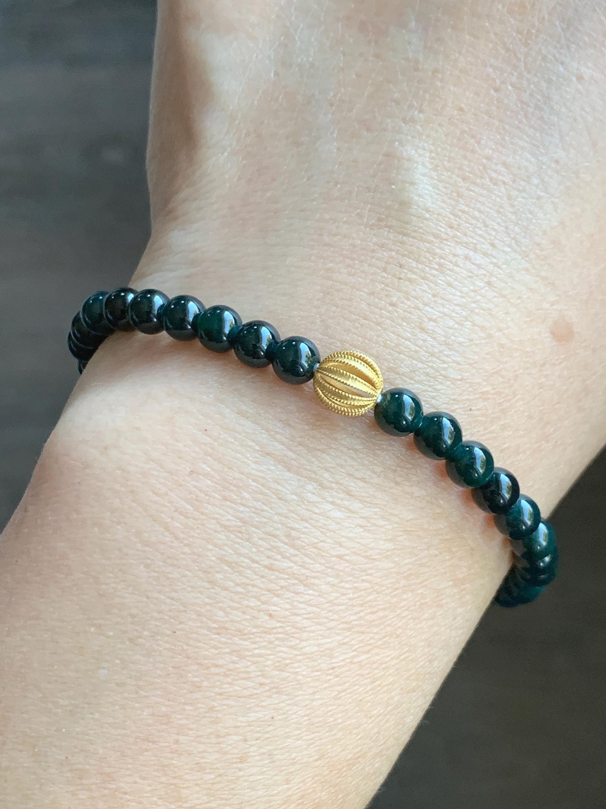 Natural Grade A Guatemalan Icy Translucent Dark Teal Jade Jadeite Petite Beads Beaded Bracelet Sterling Silver 6.75” 天然冰危深篮翡翠小圆珠手串 SWLQ100