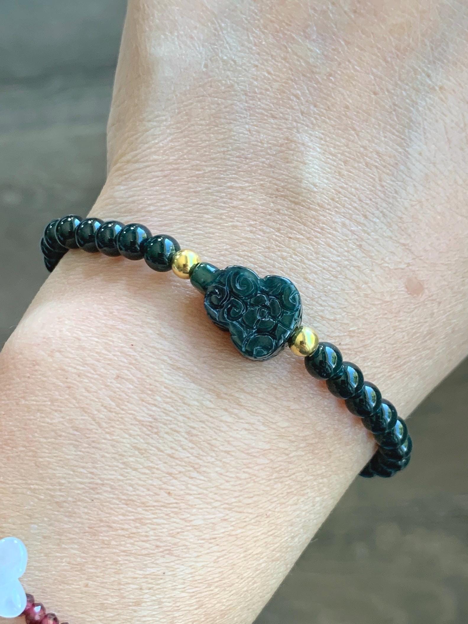 Natural Grade A Guatemalan Icy Translucent Dark Teal Jade Jadeite Petite Beads Engraved Gourd Beaded Bracelet 6.75” 天然冰危深篮翡翠小圆珠葫芦手串 SWLH190