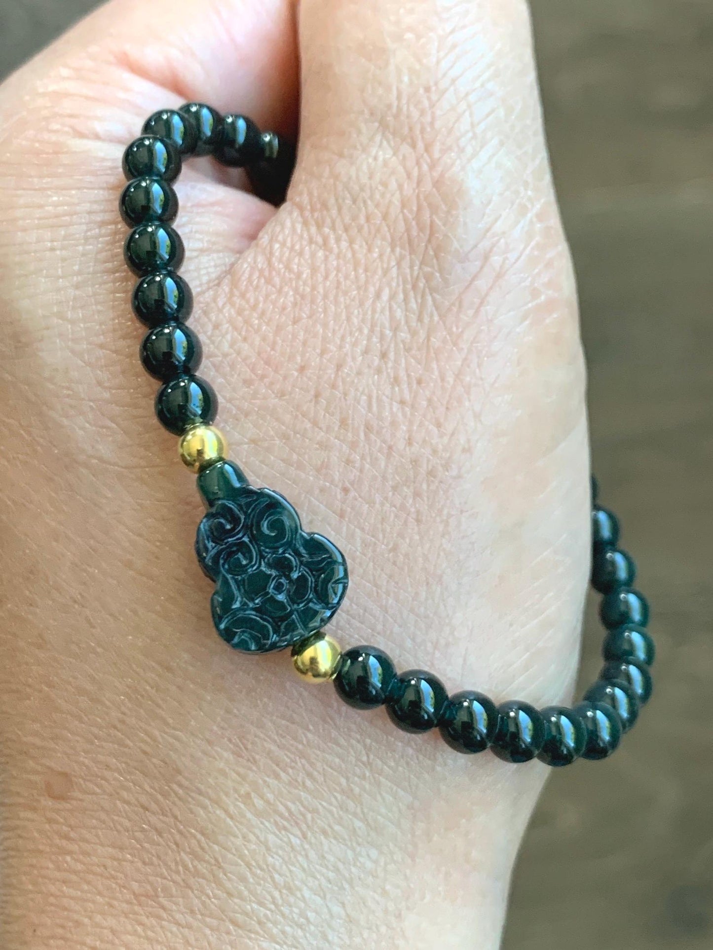 Natural Grade A Guatemalan Icy Translucent Dark Teal Jade Jadeite Petite Beads Engraved Gourd Beaded Bracelet 6.75” 天然冰危深篮翡翠小圆珠葫芦手串 SWLH190