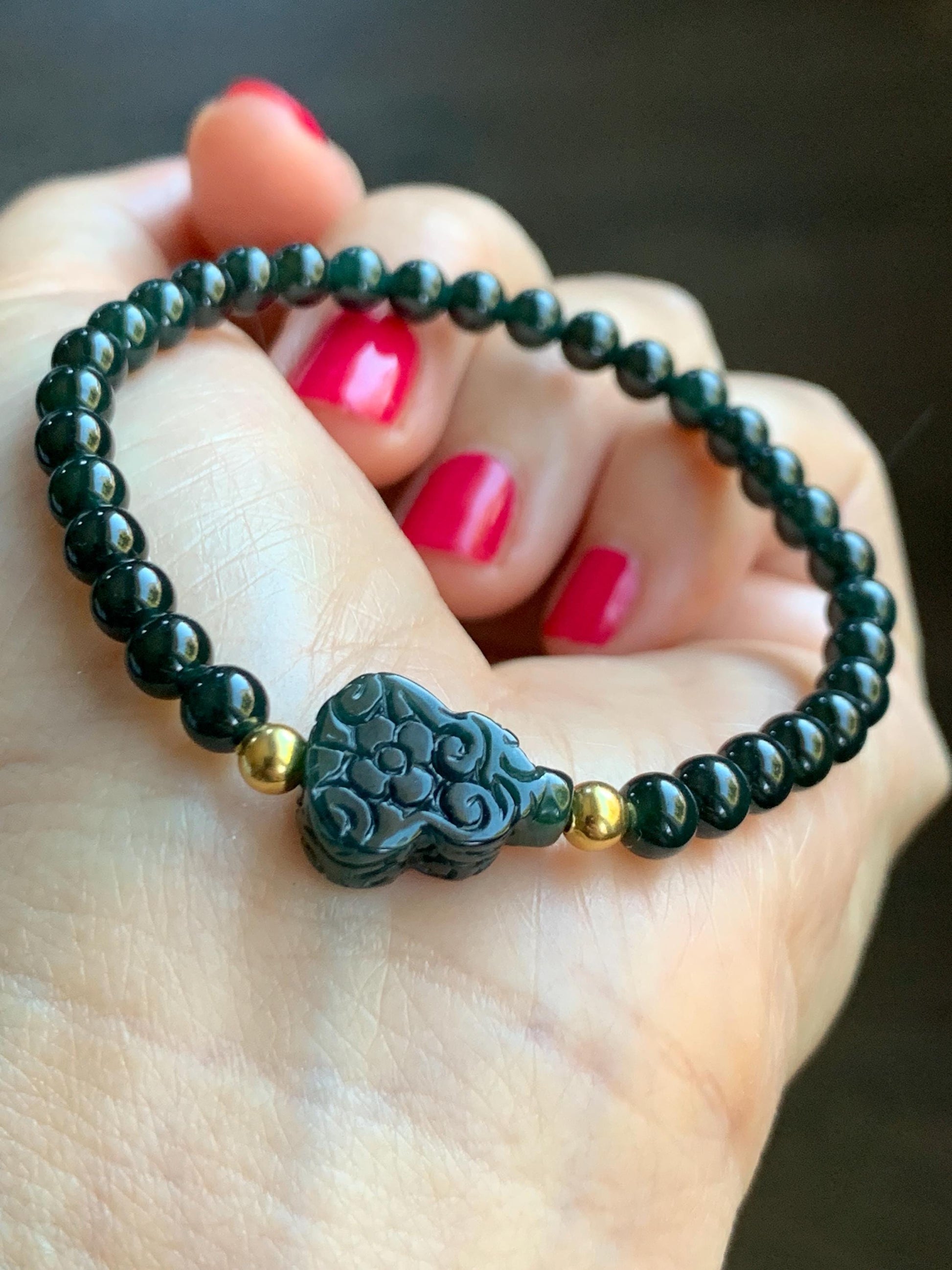 Natural Grade A Guatemalan Icy Translucent Dark Teal Jade Jadeite Petite Beads Engraved Gourd Beaded Bracelet 6.75” 天然冰危深篮翡翠小圆珠葫芦手串 SWLH190