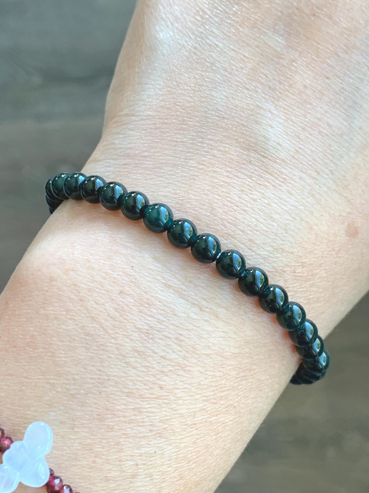 Natural Grade A Guatemalan Icy Translucent Dark Teal Jade Jadeite Petite Beads Engraved Gourd Beaded Bracelet 6.75” 天然冰危深篮翡翠小圆珠葫芦手串 SWLH190