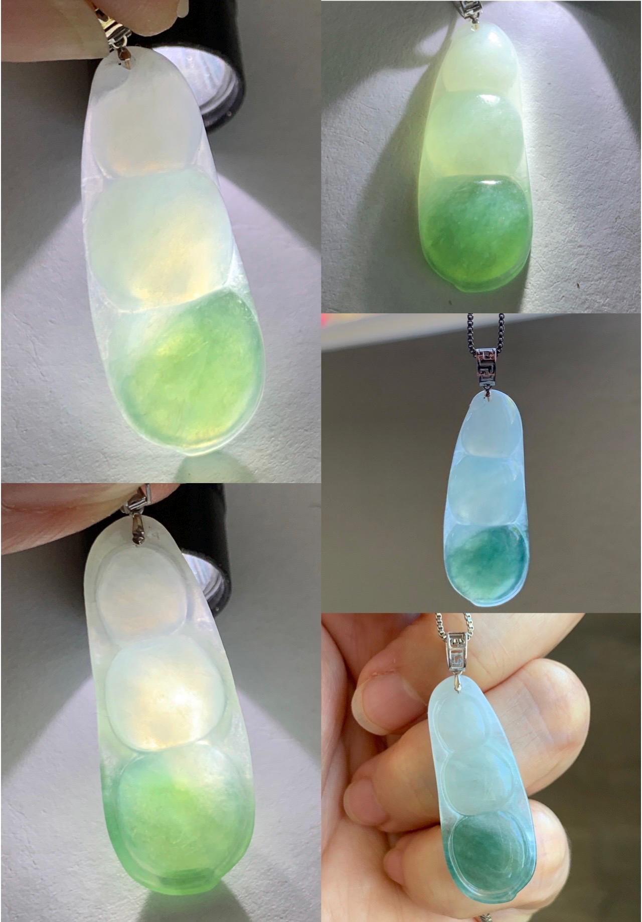 Natural Grade A Icy Translucent Light Green Marbled Jade Jadeite Carved Lucky Peapod Pendant 18K White Gold 5g 天然冰飘花翡翠福豆镶嵌吊坠 MDD230B