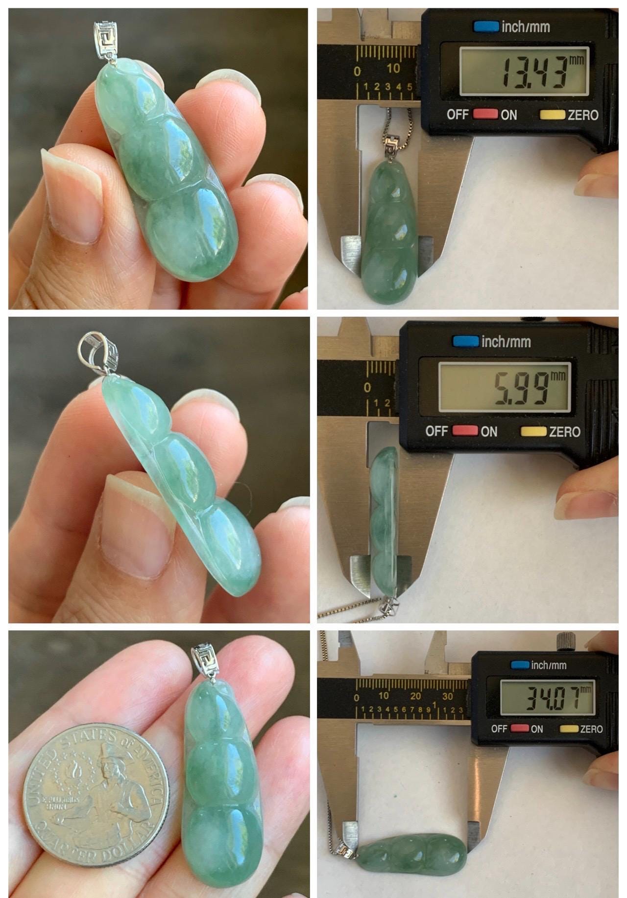 Natural Grade A Icy Translucent Light Green Marbled Jade Jadeite Carved Lucky Peapod Pendant 18K White Gold 5g 天然冰飘花翡翠福豆镶嵌吊坠 MDD230C