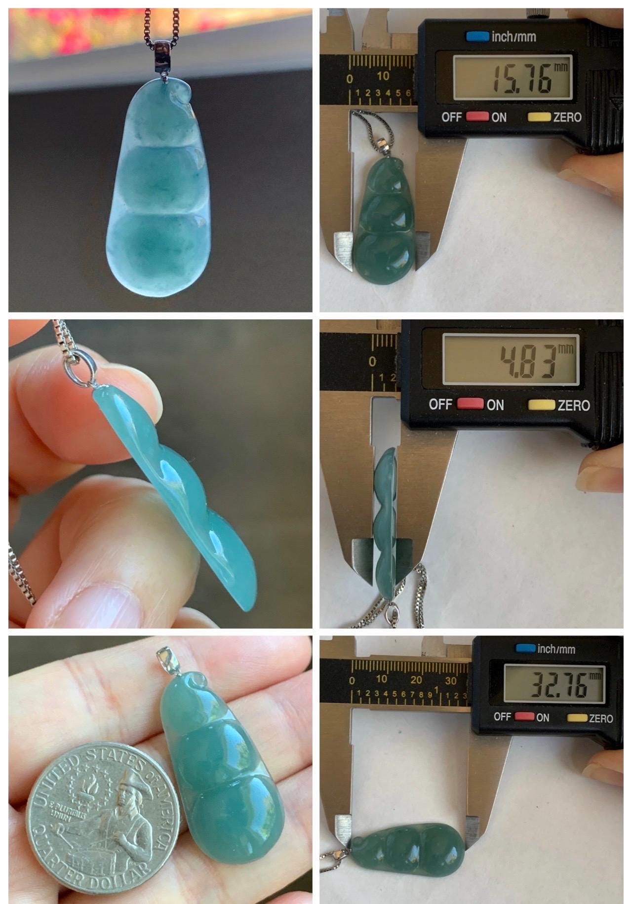 Natural Grade A Guatemalan Icy Translucent Dark Teal Blue Jade Jadeite Carved Peapod Pendant 18K White Gold 5g 天然冰危深蓝翡翠福豆镶嵌吊坠 WDD110B