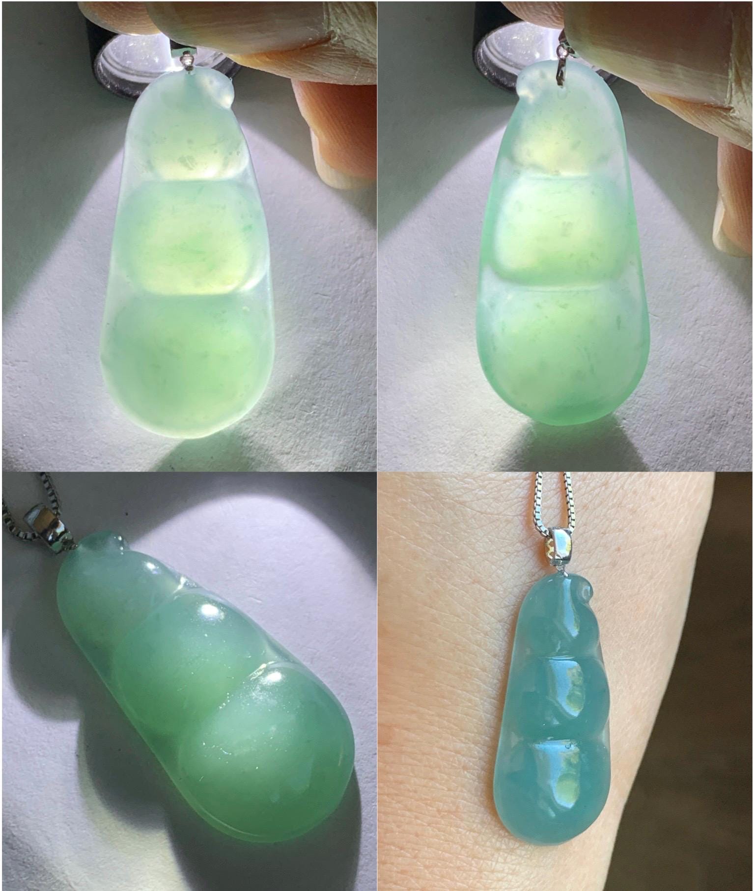 Natural Grade A Guatemalan Icy Translucent Dark Teal Blue Jade Jadeite Carved Peapod Pendant 18K White Gold 5g 天然冰危深蓝翡翠福豆镶嵌吊坠 WDD110B