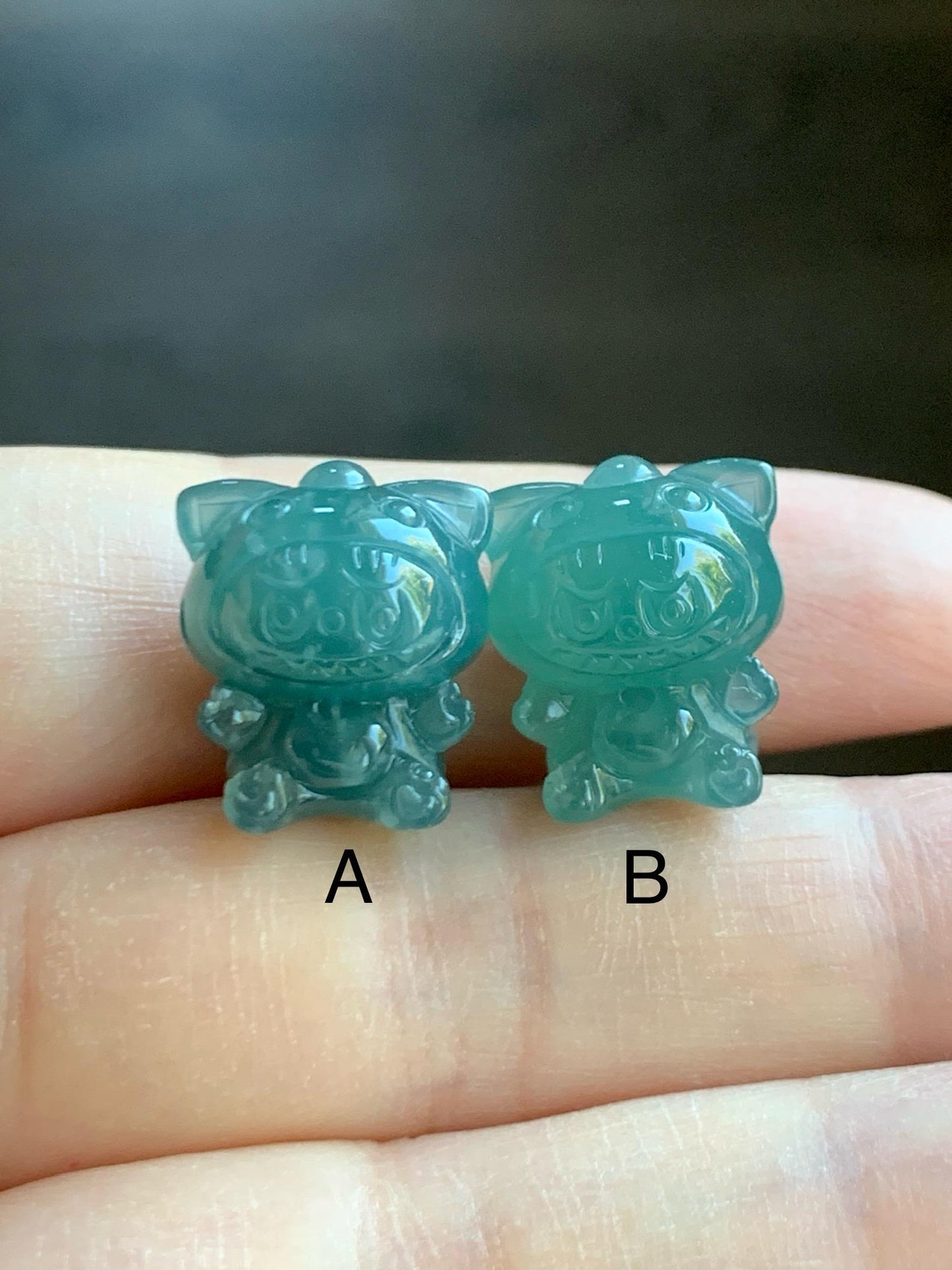 Natural Grade A Guatemalan Icy Translucent Teal Blue Jade Jadeite Carved Monster Plush Doll Charm Loose Stones DIY 天然冰危蓝绿翡翠雕刻小可爱 LBBX