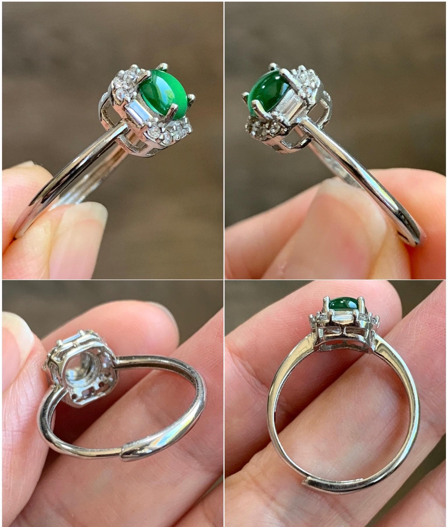 Natural Grade A Guatemalan Icy Translucent Vibrant Green Jade Jadeite Ring Sterling Silver Size Adjustable 天然冰危绿翡翠蛋面银镶戒指 WLJ88
