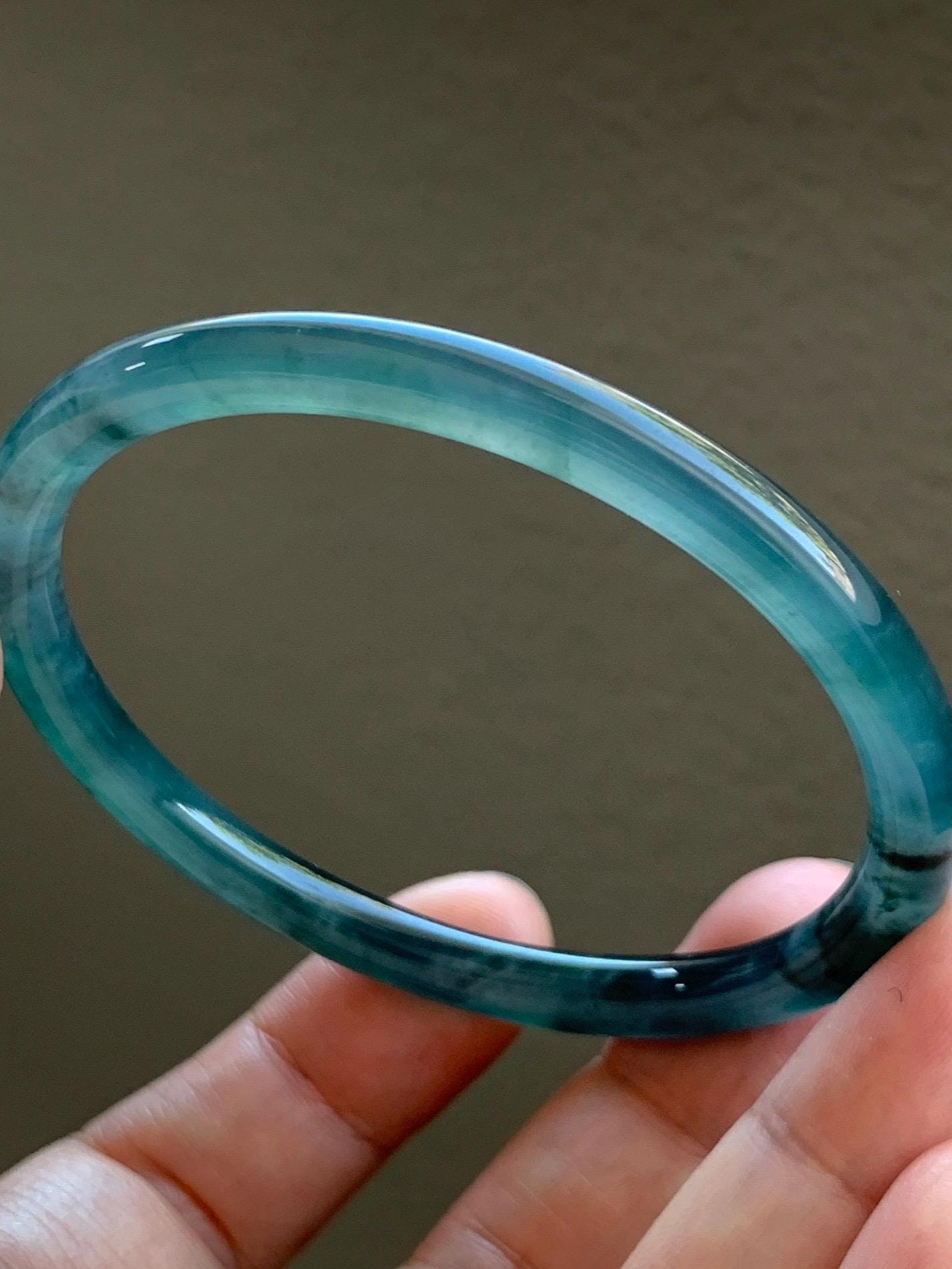 Certified Natural Grade A Guatemalan Icy Highly Translucent Dark Teal Blue Marbled Jade Jadeite Bangle 58.36mm 7.2” 天然冰胶危深蓝飘花翡翠圆条手镯 8799