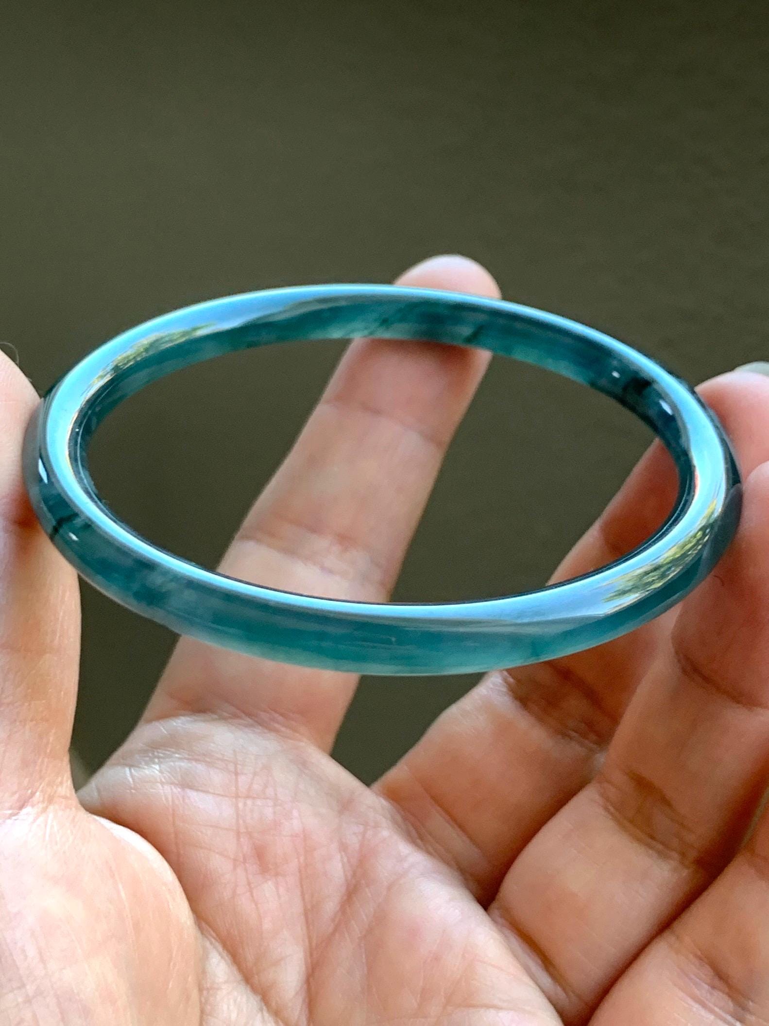 Certified Natural Grade A Guatemalan Icy Highly Translucent Dark Teal Blue Marbled Jade Jadeite Bangle 58.36mm 7.2” 天然冰胶危深蓝飘花翡翠圆条手镯 8799