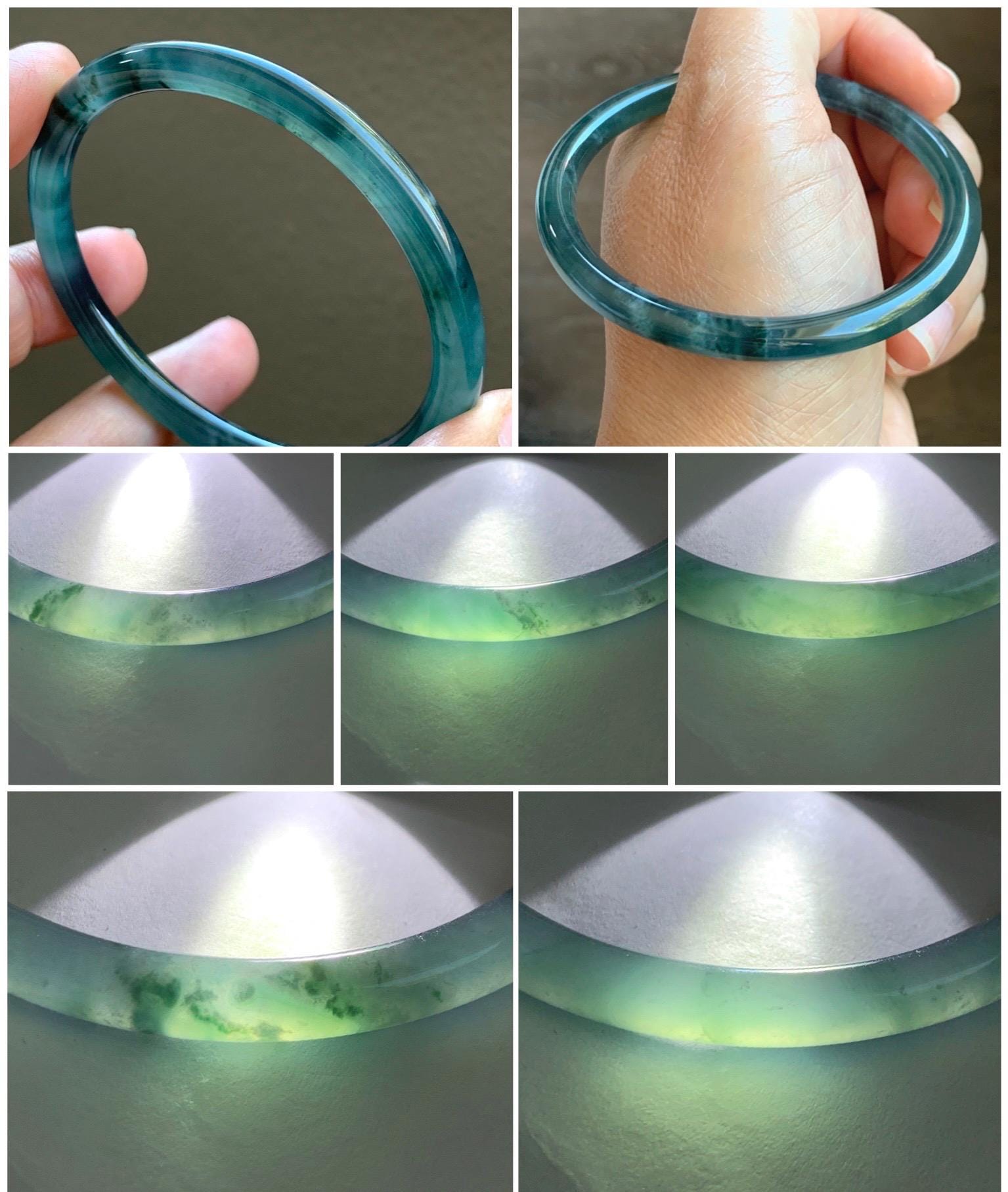 Certified Natural Grade A Guatemalan Icy Highly Translucent Dark Teal Blue Marbled Jade Jadeite Bangle 58.36mm 7.2” 天然冰胶危深蓝飘花翡翠圆条手镯 8799