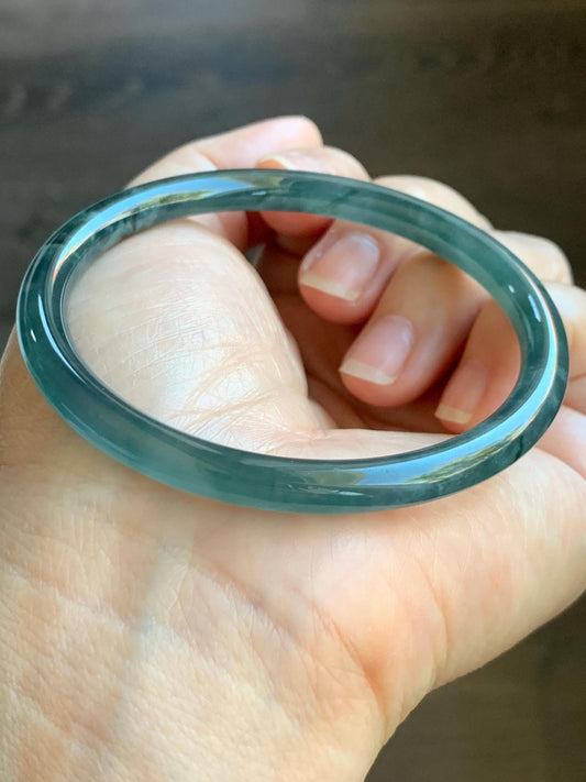 Certified Natural Grade A Guatemalan Icy Highly Translucent Dark Teal Blue Marbled Jade Jadeite Bangle 58.36mm 7.2” 天然冰胶危深蓝飘花翡翠圆条手镯 8799