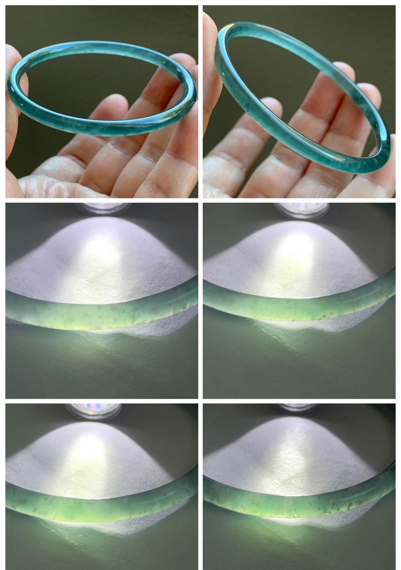 Certified Natural Grade A Guatemalan Icy Highly Translucent Light Teal Green Jade Jadeite Slim Bangle 57.63mm 7.12” 天然冰胶危蓝绿翡翠细圆条手镯 8813