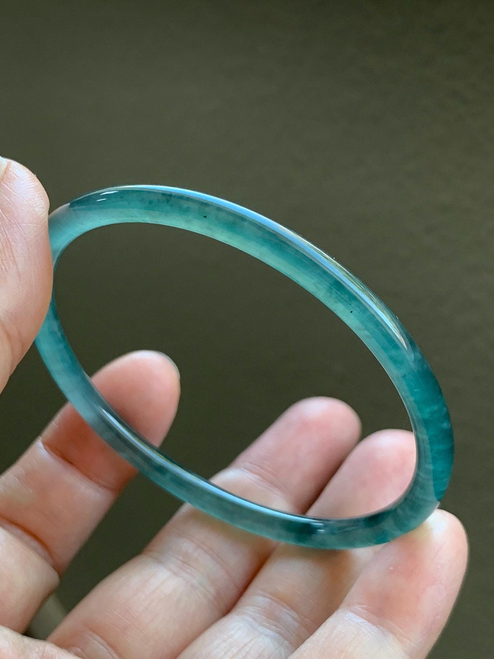 Certified Natural Grade A Guatemalan Icy Highly Translucent Light Teal Green Jade Jadeite Slim Bangle 57.63mm 7.12” 天然冰胶危蓝绿翡翠细圆条手镯 8813